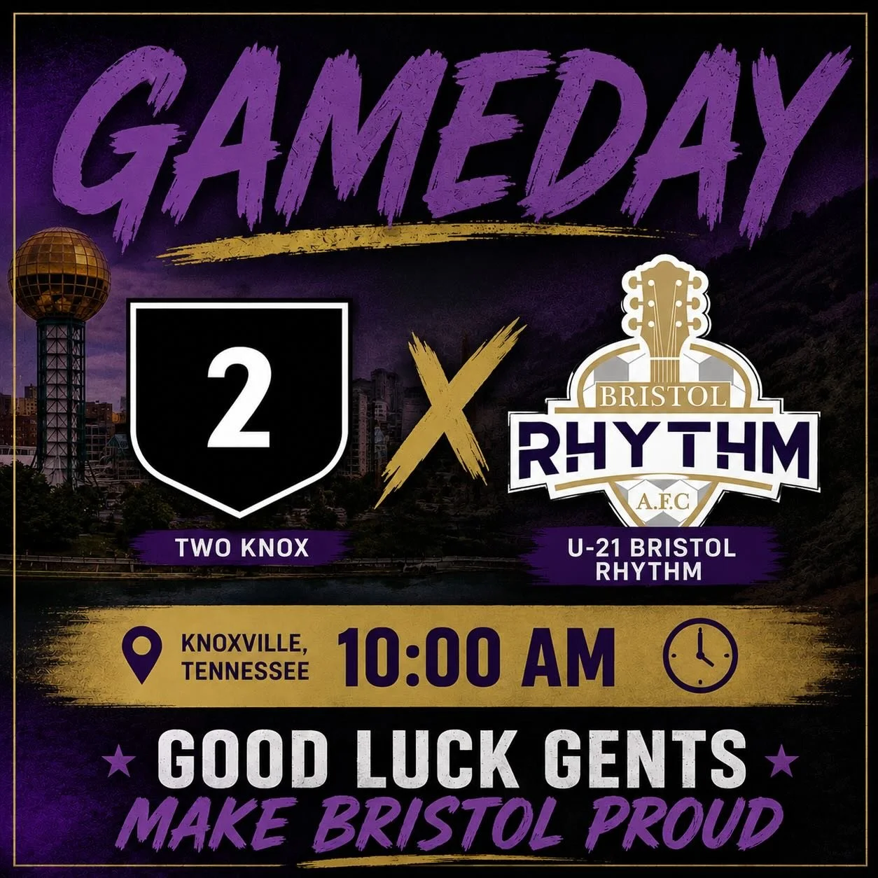 🔥 Rhythm Nation, our U-21s are in Knoxville! 🔥

Today , our young Rhythm squad takes on Two Knox at 10:00 AM.

💜💛 Good luck, gents. Make Bristol Proud.

One City. Two States. One Team.
#UpTheRhythm #RhythmNation #MakeBristolProud ⚽🔥