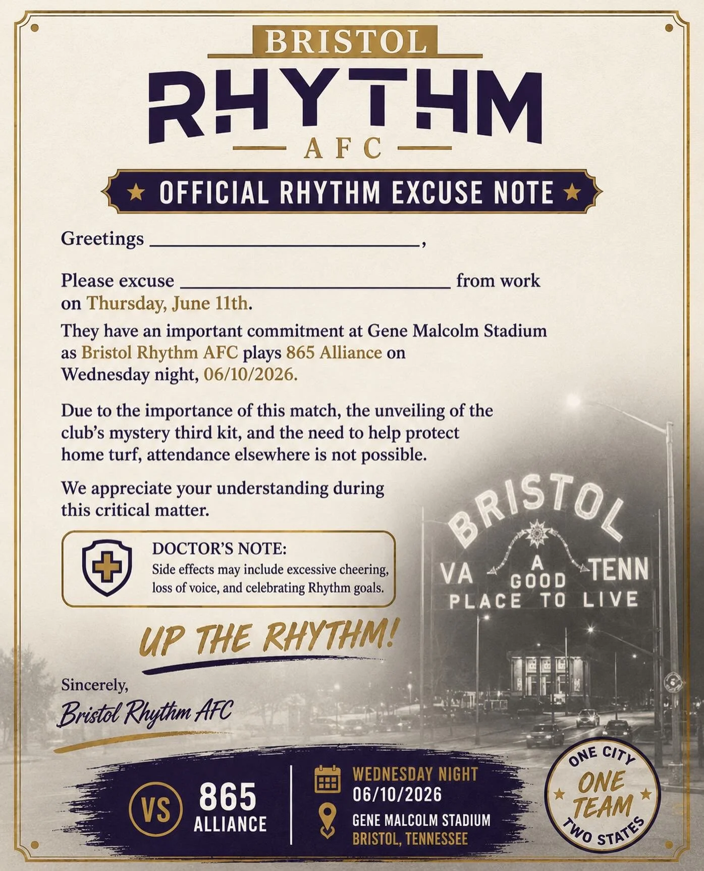 Rhythm Nation, 🤒

We&rsquo;re expecting a widespread outbreak of Matchday Fever on Wednesday night. Symptoms may include excessive cheering, loss of voice, and an inability to report to work on Thursday morning.

Recommended treatment: Bristol Rhyth
