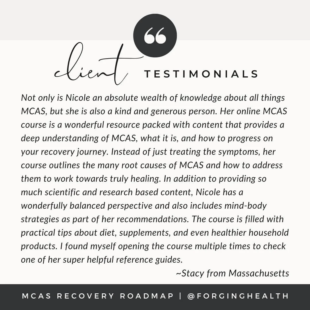 Some client ❤️- I'm so grateful to serve as a resource to people recovering from MCAS. 🙏

If you aren't able to work 1:1 with a practitioner right now and you need some guidance, then definitely check out The MCAS Recovery Roadmap!

I created this o
