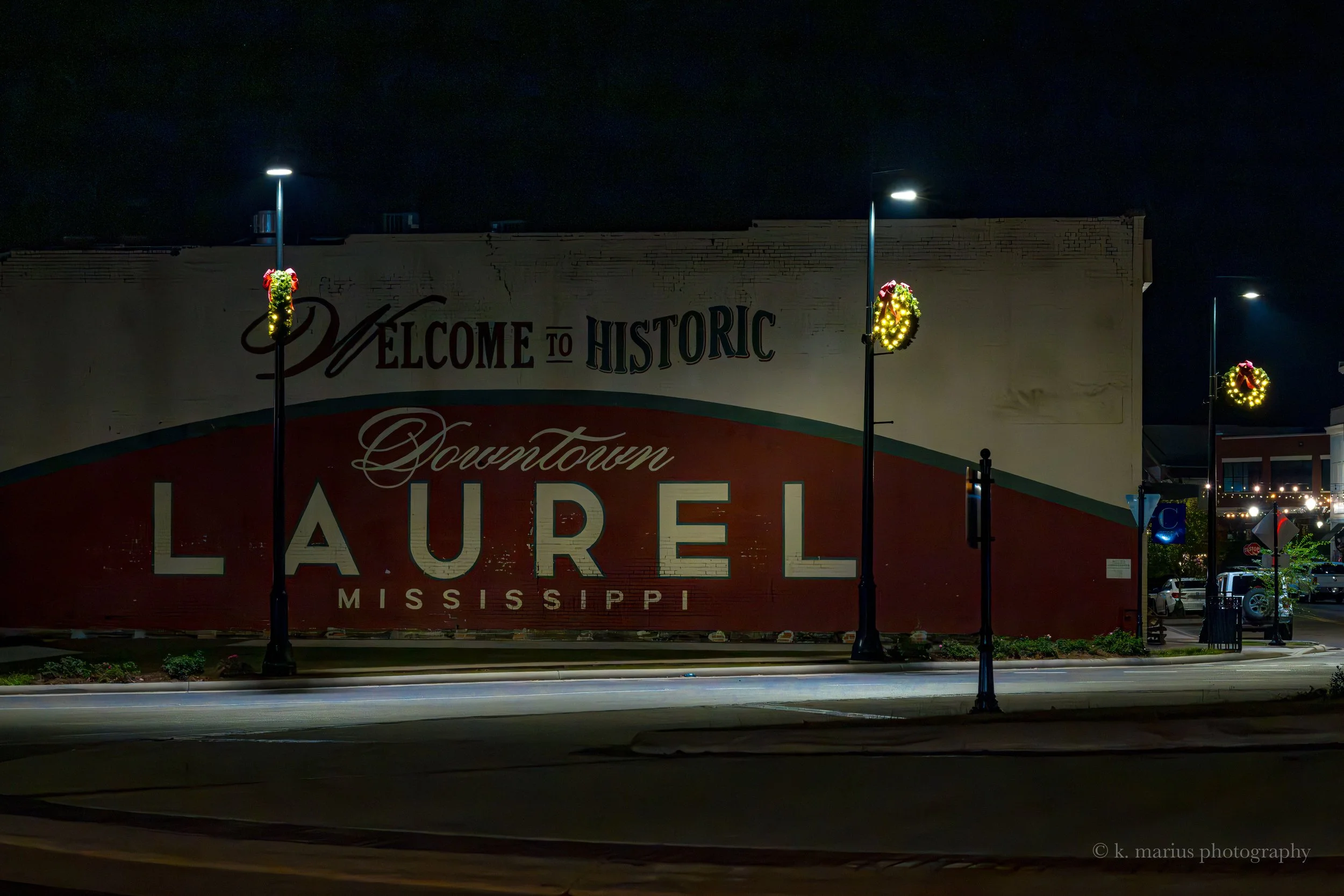 Mural and Christmas lights in roundabout, Laurel