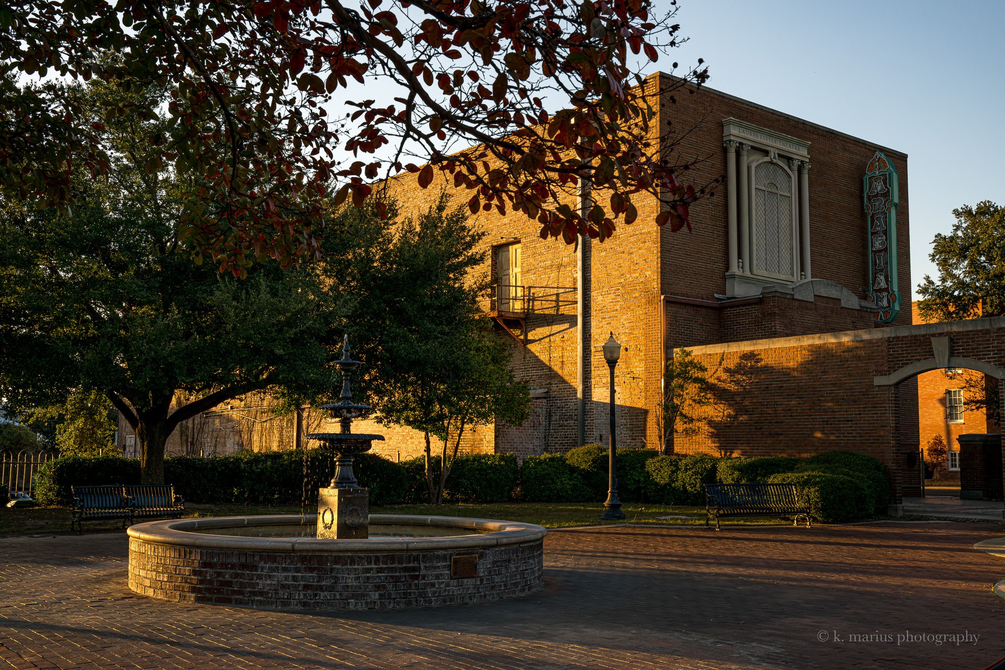 Pinehurst Park fountain and Arabian Theatre at sunset
, Laurel