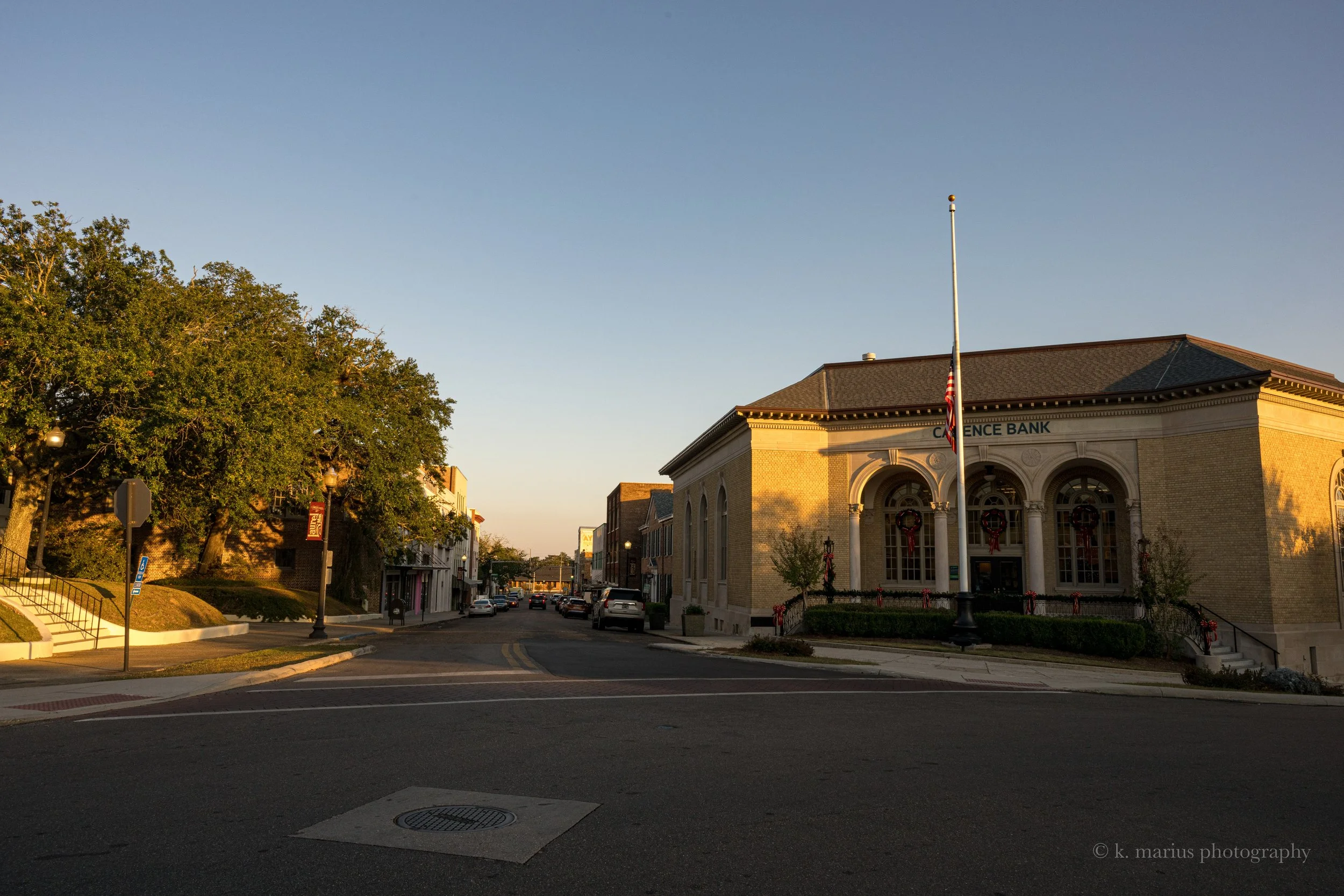 Looking down the street from Pinehurst Park at sunset, Laurel