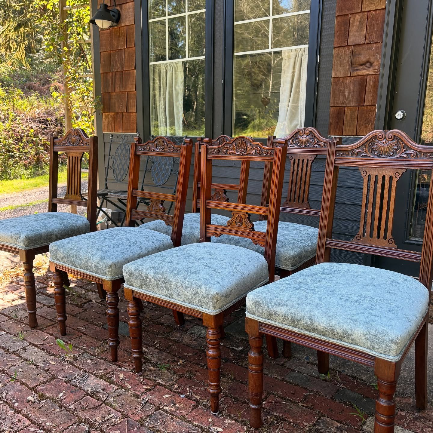 Six of ten traditionally upholstered English dining chairs all freshened up! Anna Elizabeth Fabrics  S4337 vapor