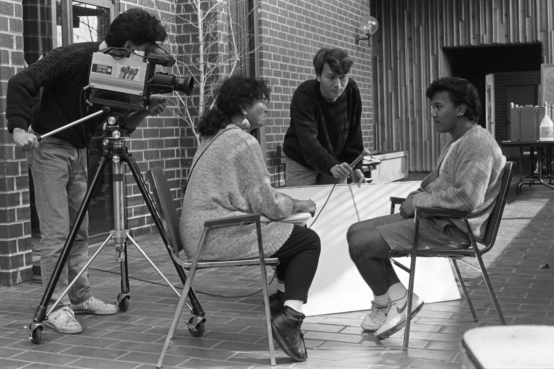 Documenting the Ongoing
Asian Amerian Movement
During a regional planning meeting of the statewide Asian Pacific Student Union (APSU), Visual Communications staffers Dean Hayasaka, Linda Mabalot, and Supachai Surongsain interview an APSU student acti