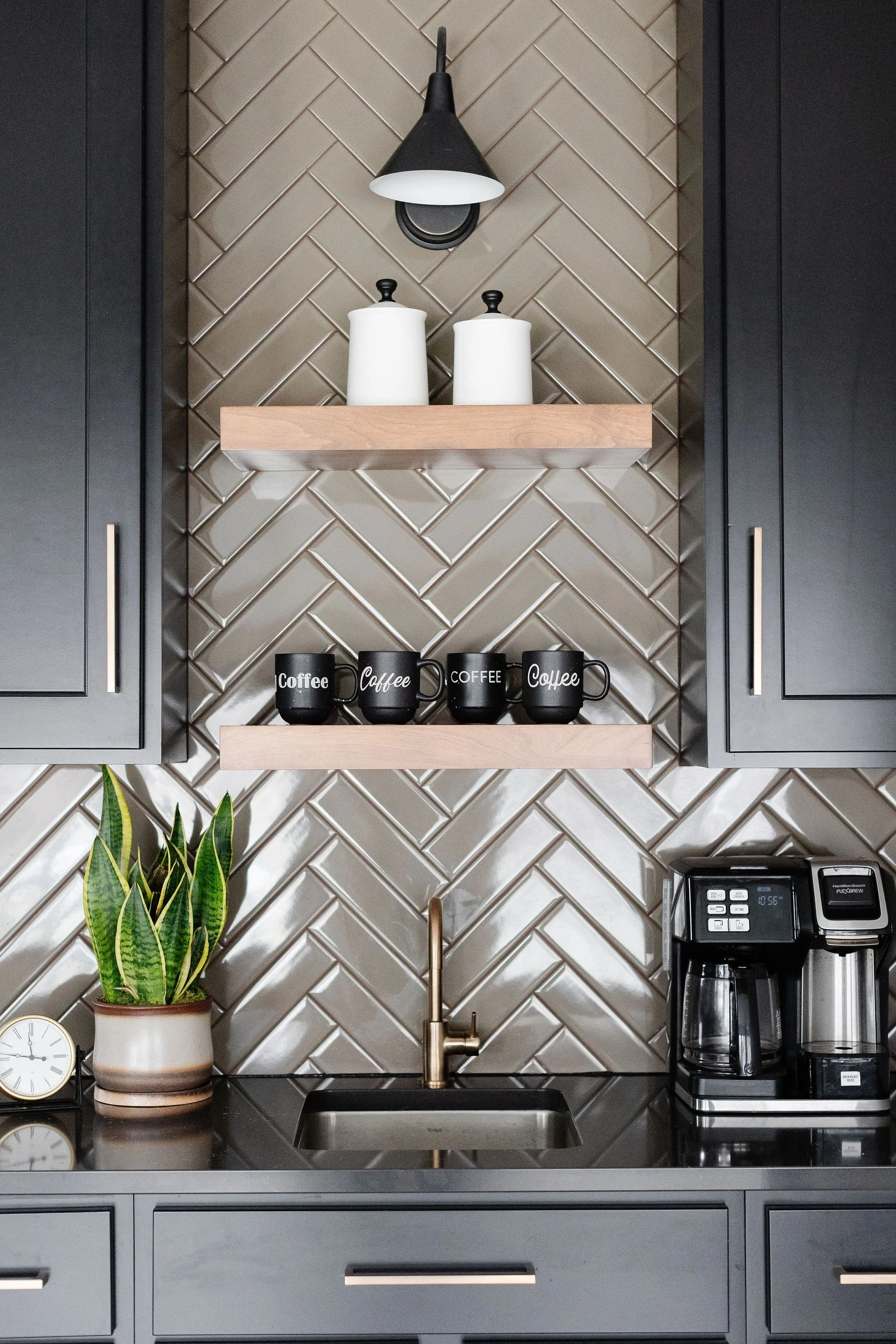 coffee bar with taupe chevron tile