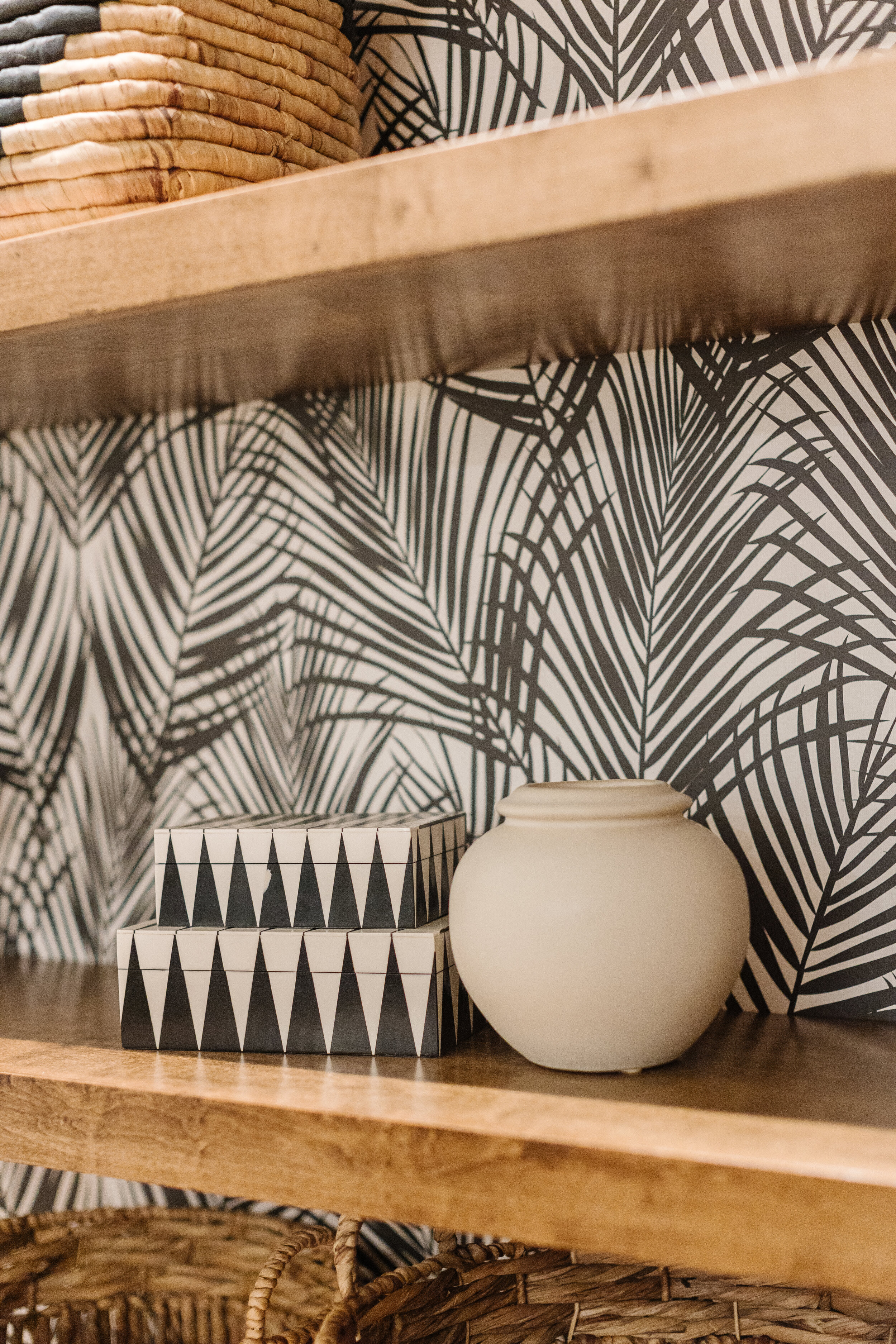 Accessories on wood built in shelves