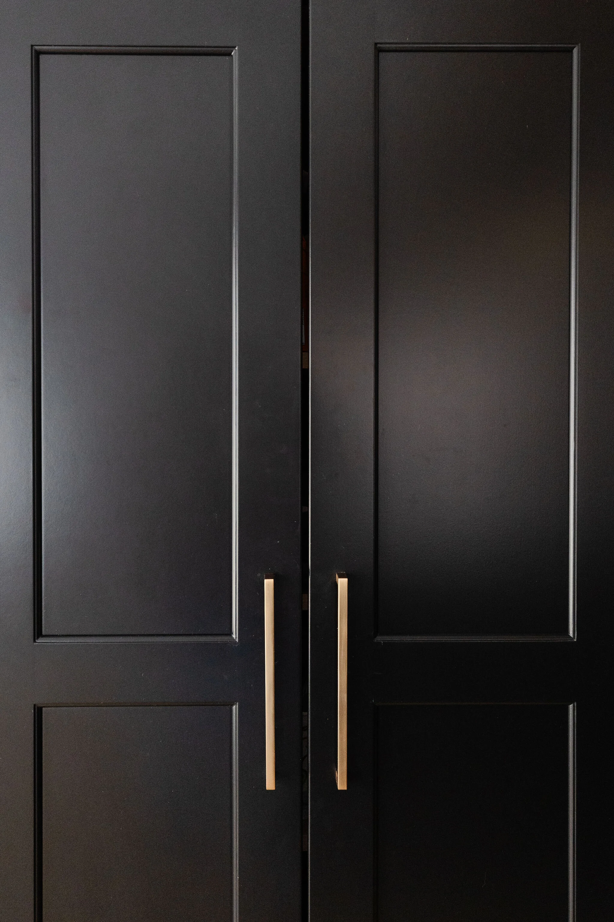 black kitchen cabinet with gold handles close up