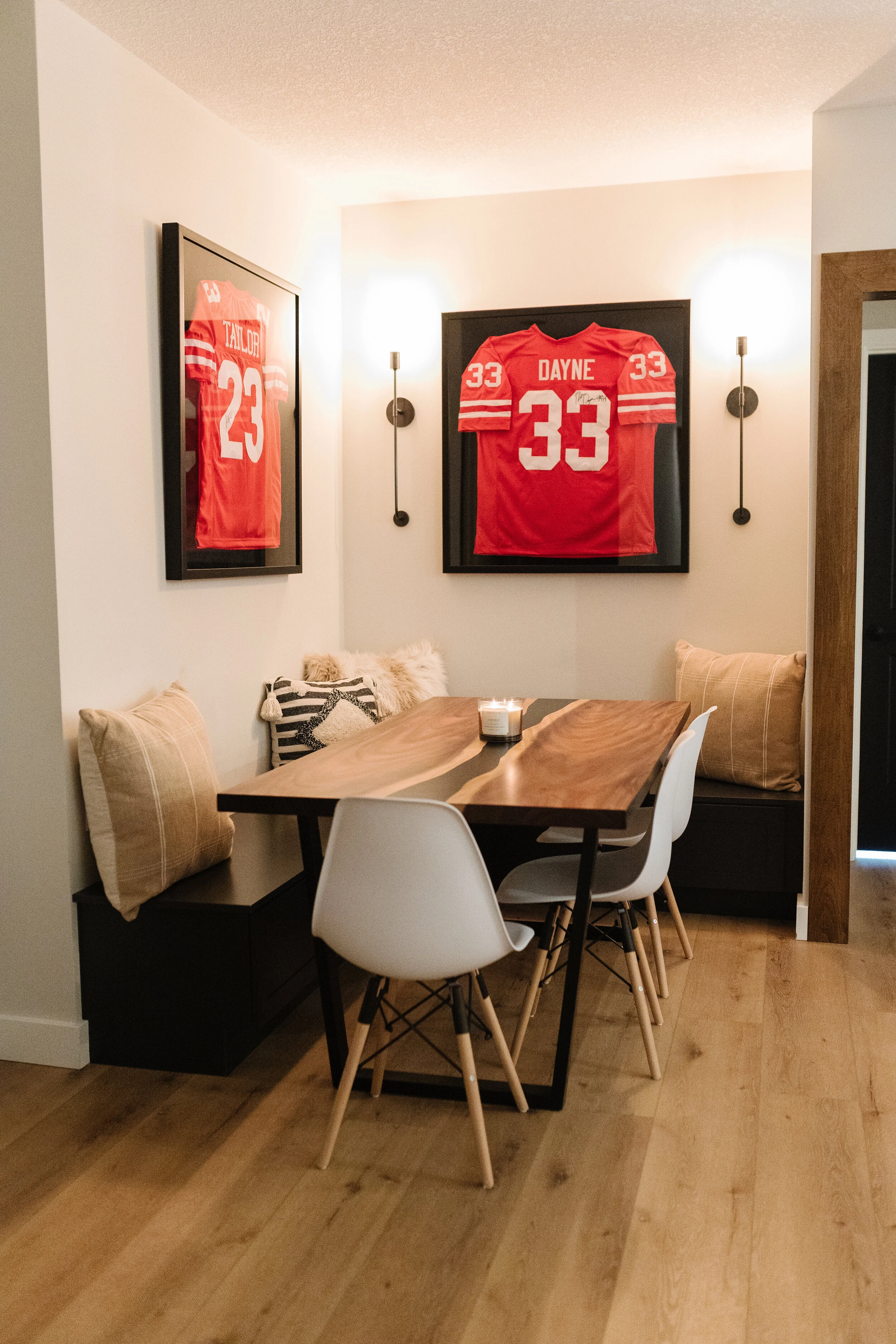basement dining area with built in bench