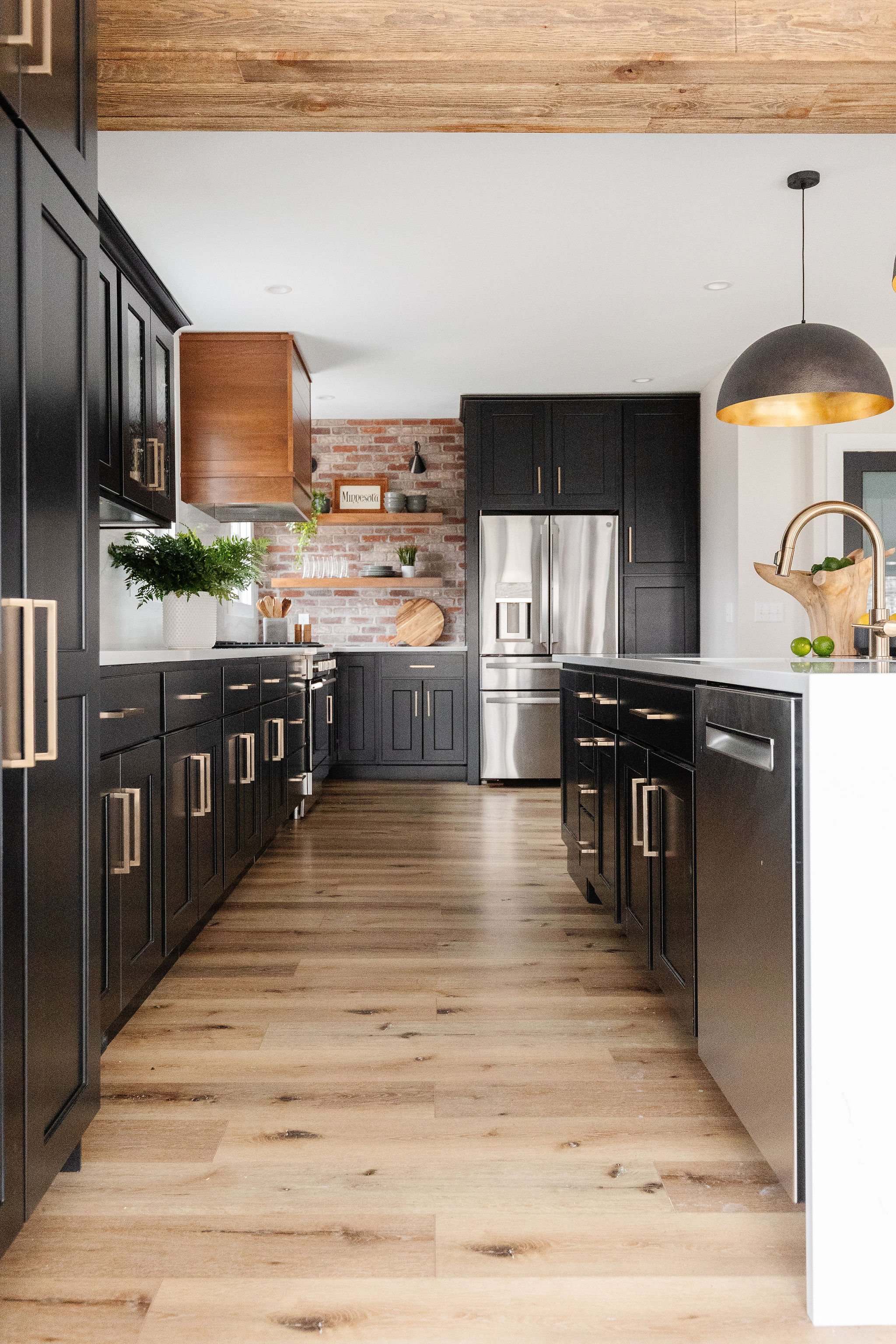 kitchen working walkway with wood floor