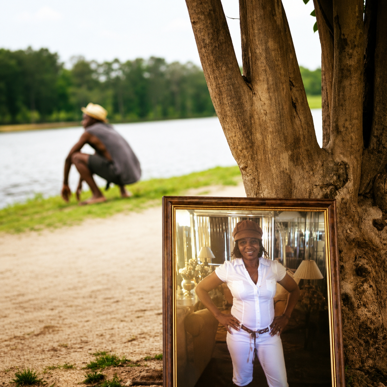 Dwayne reflecting by a lake beside a framed photograph of his mother, Melissa D. White-Coleman.