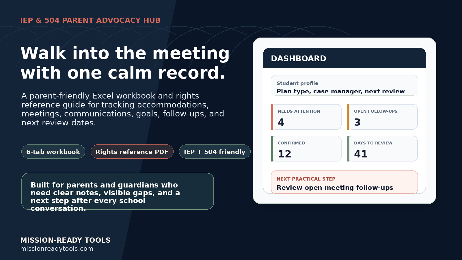 A promotional webpage for a parent advocacy hub features a dark blue background with white and light text. The title encourages a calm demeanor when entering meetings. It highlights a parent-friendly Excel workbook for tracking parent meetings, communications, goals, follow-ups, and review dates. There are three buttons: '6-tab workbook', 'Rights reference PDF', and 'IEP + 504 friendly'. A section describes the tool's purpose for parents and guardians. The right side shows a dashboard with student profile details and metrics like needs attention, open follow-ups, confirmed, days to review, and a next practical step to review open meeting follow-ups.