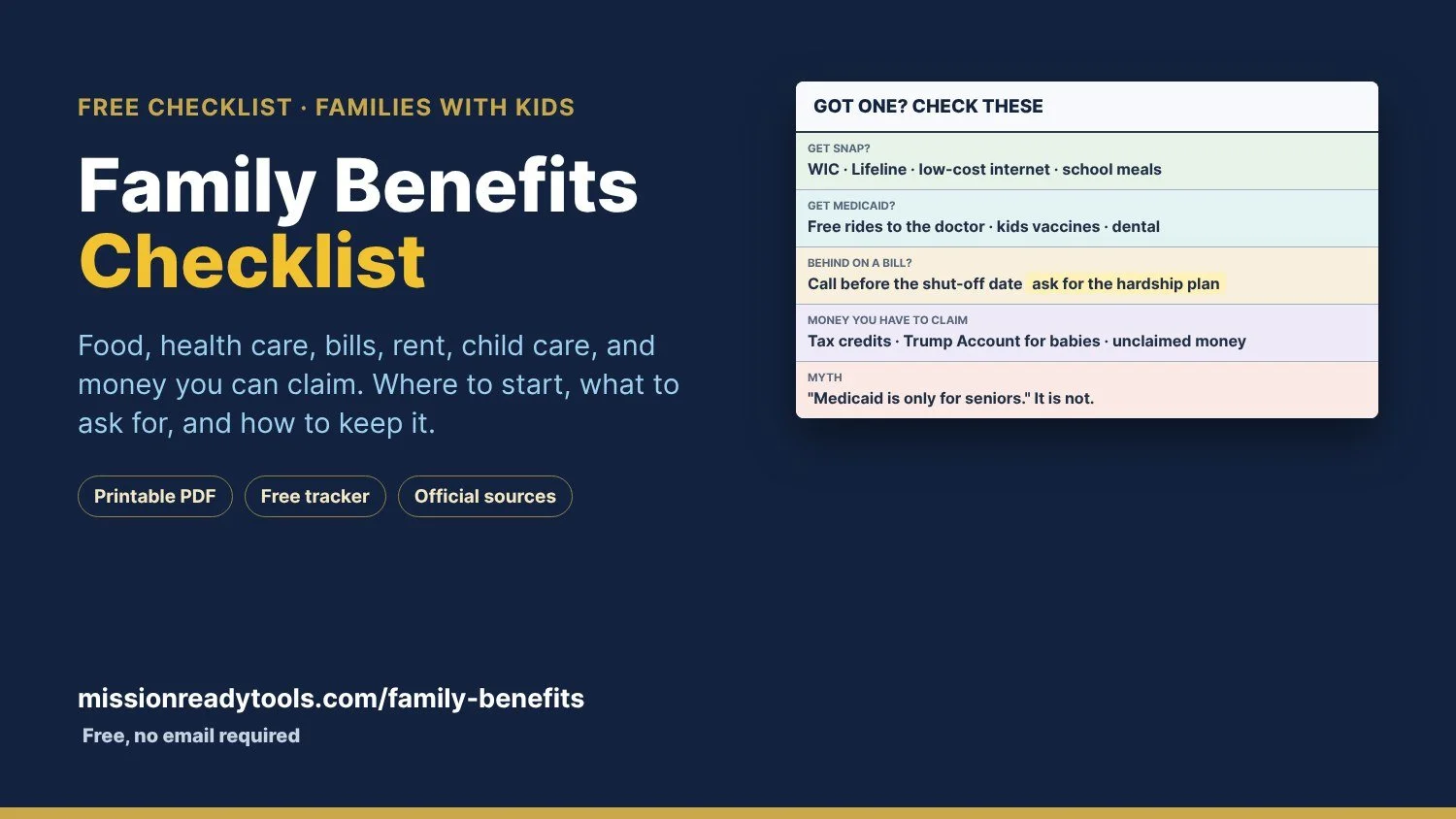 Family Benefits Checklist, a free printable guide to help with food, health care, bills, rent, child care, and money families can claim
