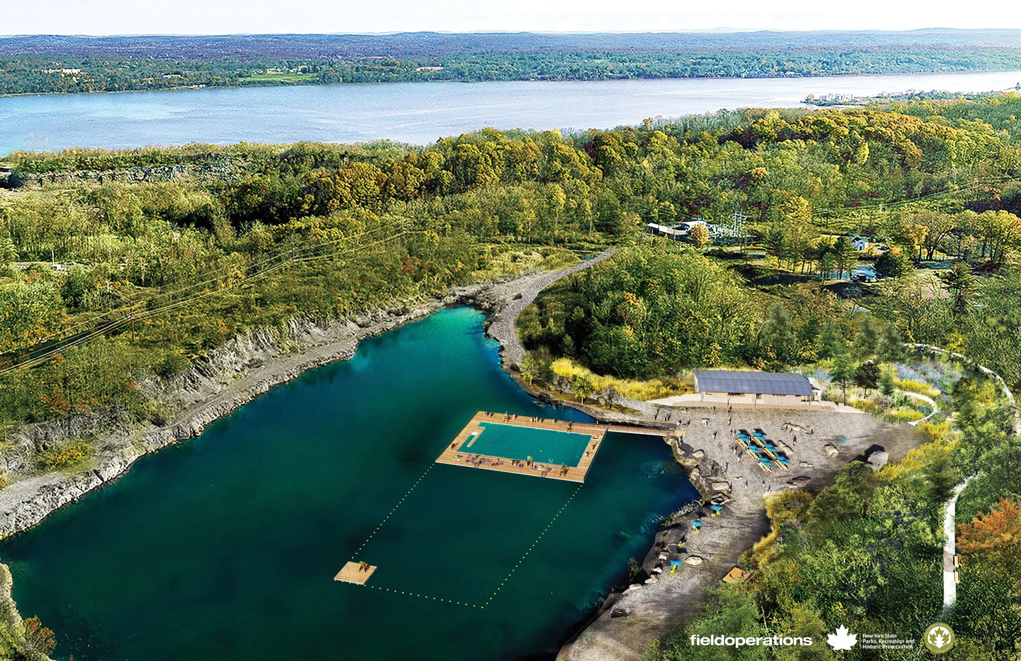 Rendering of Lake Sophia and swimming facility at Sojourner Truth State Park by New York State Parks & Historic Sites