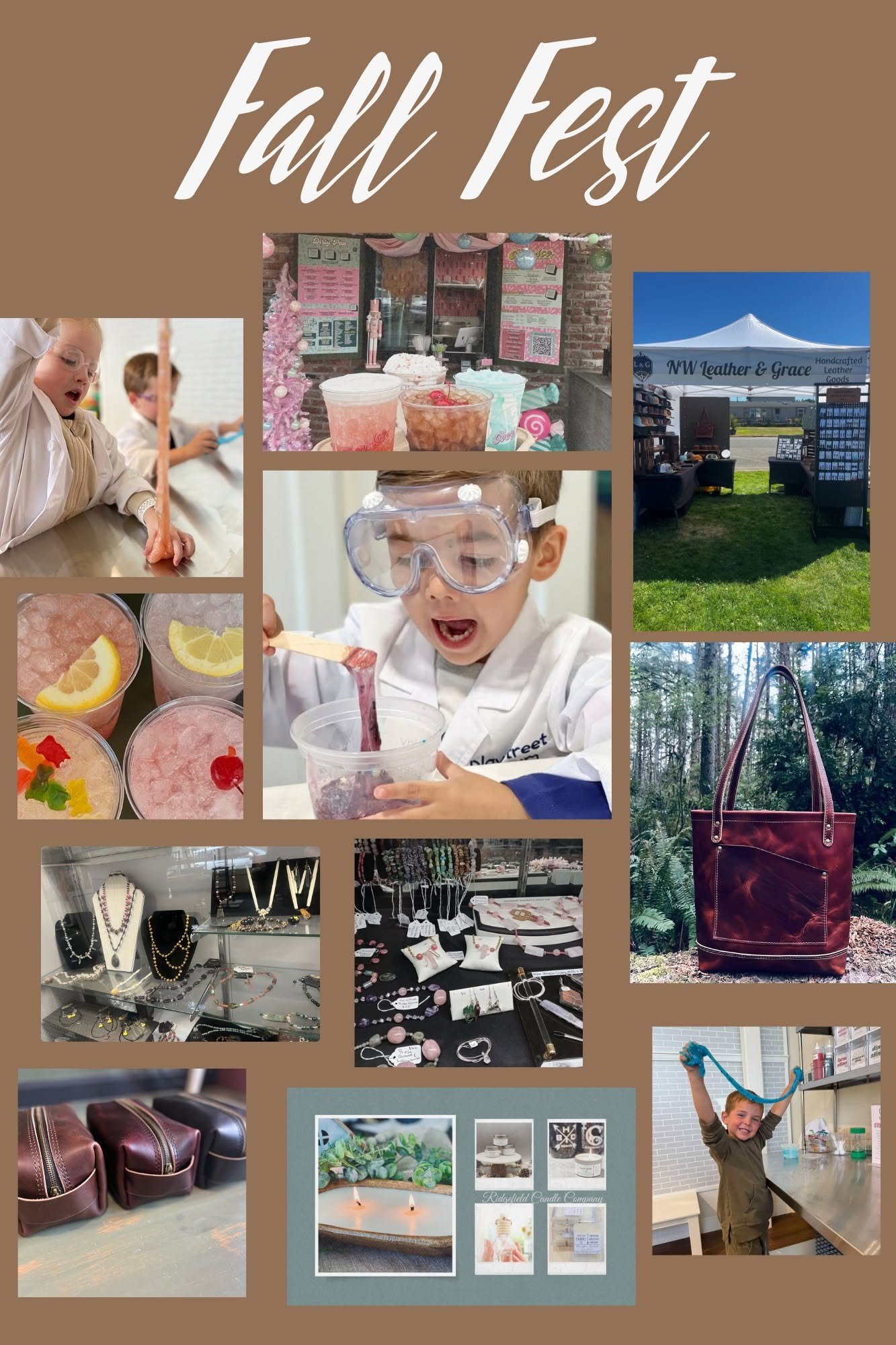 Vendors Here: NW Leather and Grace, Over Ice Soda and Beverages, Play Street Museum, Ridgefield Candle Company, RL Foundation.