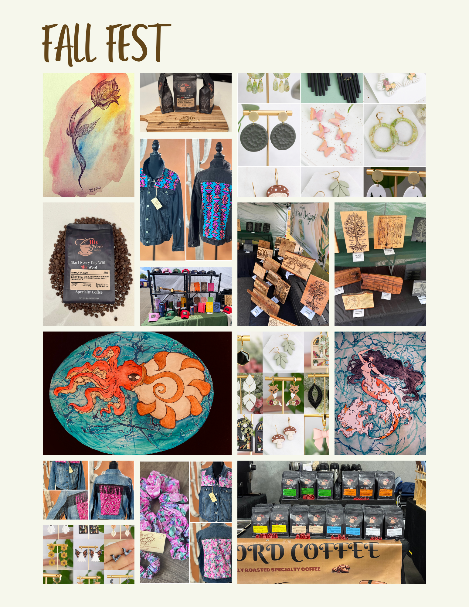 ✨Ninth Vendor Highlight!✨

Here is our NINTH Vendor highlight for this year’s Fall Fest! Leading up to the Fall Fest, we will highlight a few vendors daily during the week. Today, we’re featuring His Word Coffee, His Word Designs LLC, Cosmic Lily Art