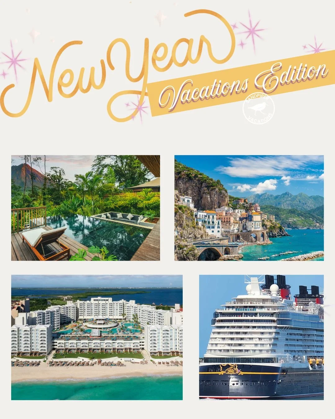 🥳 New year, new adventures ✈️

2026 is a blank passport page just waiting to be filled 🌍 Whether you&rsquo;re dreaming of cruises, culture, beaches, or bucket-list trips &mdash; Sandpiper Vacations is here to turn your travel goals into unforgettab
