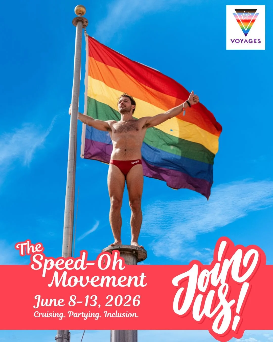 Sun. Speedos. Self-expression. Join Us! ☀️🍹

The Speed-oh Movement is taking over the beautiful Resilient Lady with Virgin Voyages for an unforgettable adults-only sailing where confidence, community, and good vibes rule the seas 🌊

You can expect: