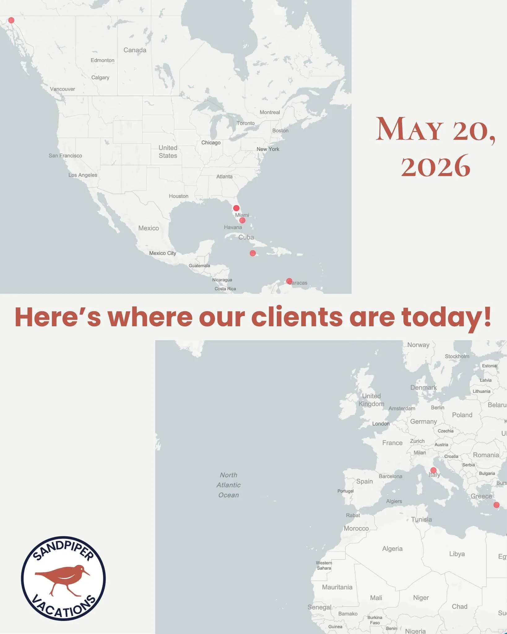 Here's where our Sandpiper clients are TODAY! 🌍

From Alaska to Italy, Greece to the Caribbean, and Florida to Venezuela, our clients are out there making memories all over the world. ✨

This is exactly why we do what we do. Every pin on this map re