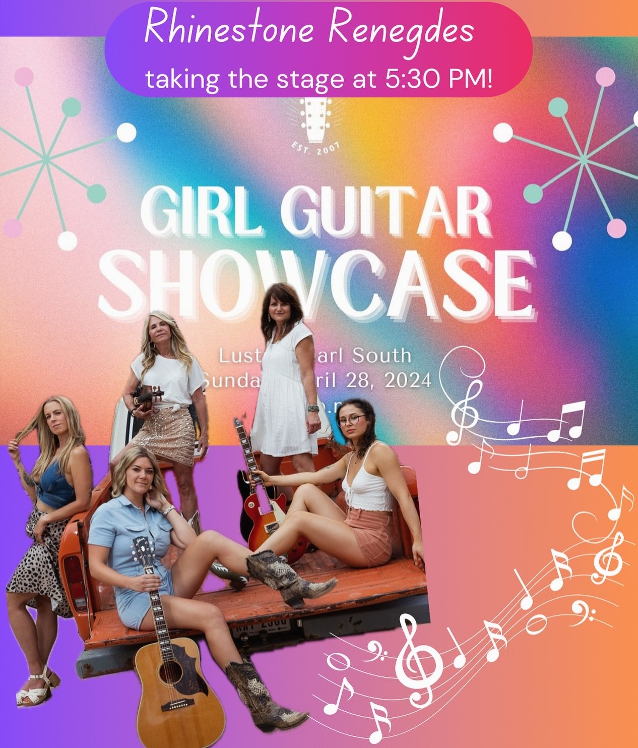 Come see the Renegades take the stage during the @girlguitaraustin showcase tomorrow at Lustre Pearl South!! We will be on at 5:30 PM! 🎶 
.
.
@dedelally @mandyrowden @averyelise_ @taranash @carol.evans.5811 @girlguitaraustin @lustre_pearl_south