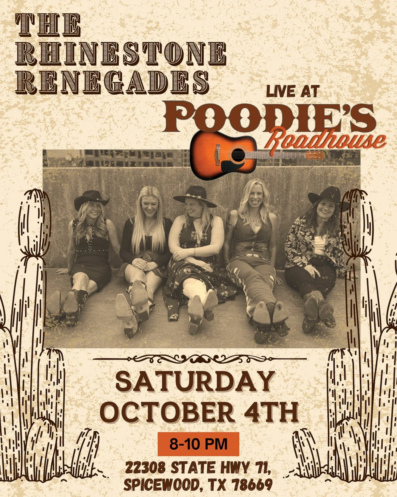 🎶 This Saturday Night! Catch us live at Poodies Roadhouse in Spicewood, Tx from 8-10 PM! 🎶 

$10 Cover at the door!

@poodiesroadhouse @girlguitaraustin @dedelally @dedelallymusic @carol.evans.5811 @mandyrowden @taranash