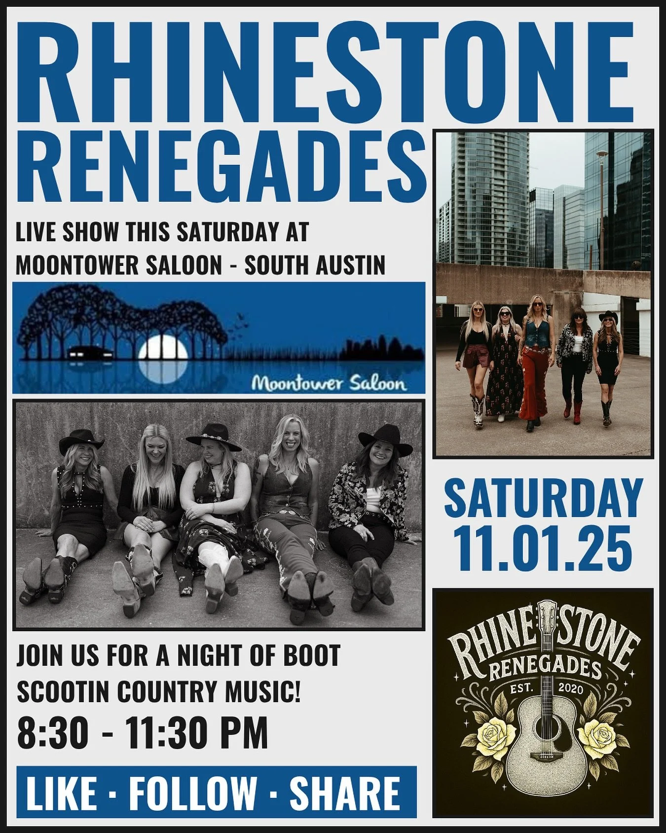 🎶 THIS SATURDAY! 🎶 Come see The Rhinestone Renegades at Moontower Saloon in South Austin this Saturday November 1st from 8:30 - 11:30 PM! @moontowersaloon @rhinestone_renegades @carol.evans.5811 @mandyrowden @taranash @girlguitaraustin @dedelally @