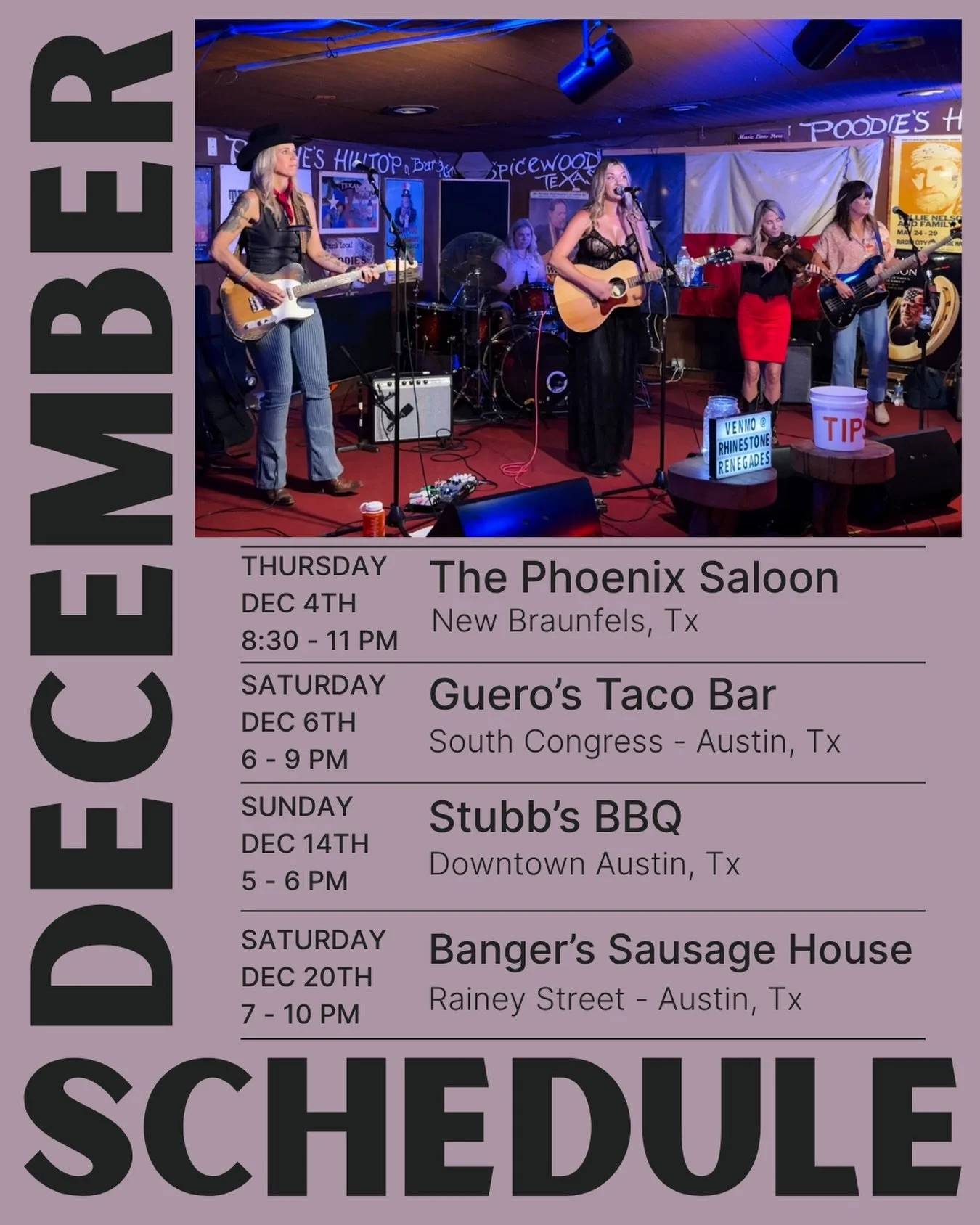 🎶 Come see us at our next live show!

🎶 This Thursday at Phoenix Saloon in New Braunfels!

🎶 This Saturday at Guero&rsquo;s on South Congress in Austin!

@guerostacobar @thephoenixsaloon @carol.evans.5811 @mandyrowden @dedelally @dedelallymusic @t