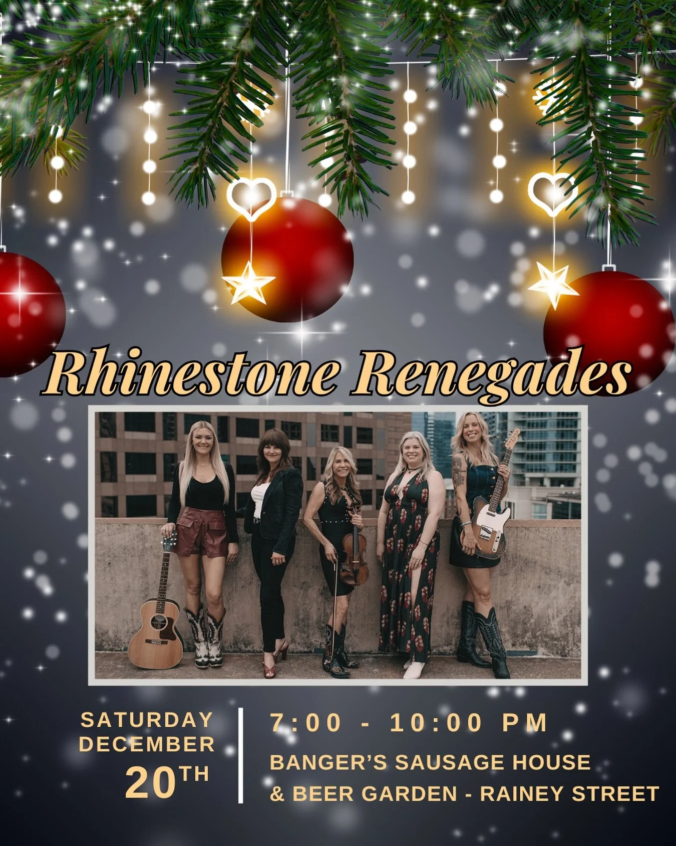 ✨ Tomorrow Night! ✨ 

✨ Come see the Rhinestone Renegades play our last show of 2025!

✨ Saturday, December 20th from 7:00 - 10:00 PM at Banger&rsquo;s Sausage House &amp; Beer Garden on Rainey Street!

✨ @bangersaustin @rhinestone_renegades @carol.e