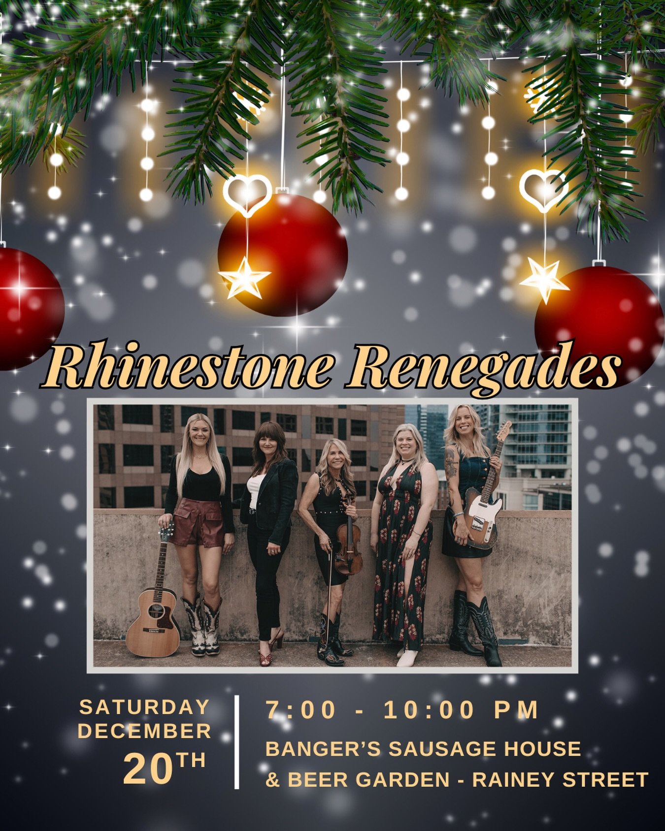 ✨ See yall tonight! ✨ 

✨ Come see the Rhinestone Renegades play our last show of 2025!

✨ Saturday, December 20th from 7:00 - 10:00 PM at Banger&rsquo;s Sausage House &amp; Beer Garden on Rainey Street!

✨ @bangersaustin @rhinestone_renegades @carol