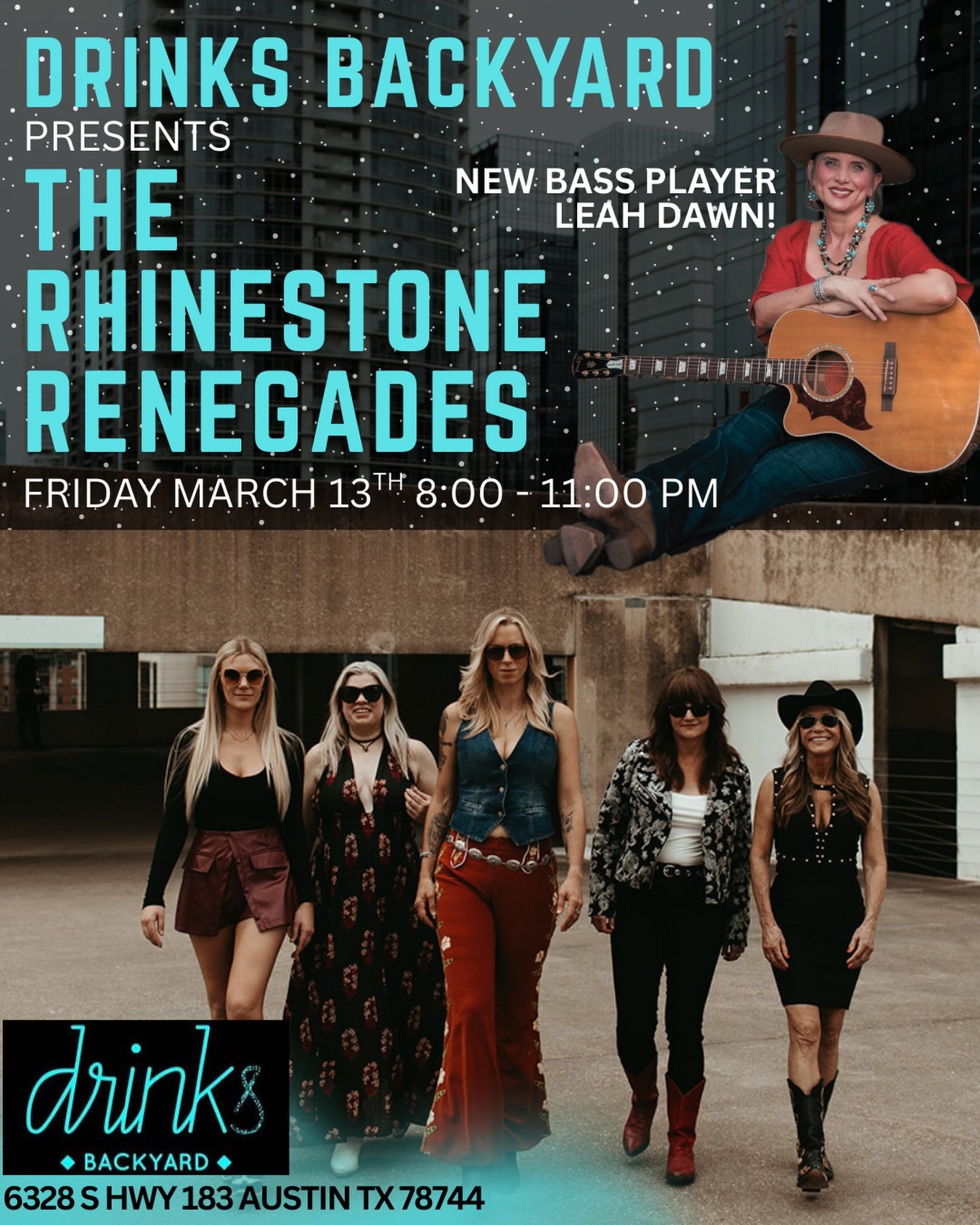 🩵Tomorrow Night!🩵 

🩵Rhinestone Renegades are playing this Friday night, March 13th, at Drinks Backyard in South East Austin! Bring your boots for a night of two-steppin&rsquo;! We&rsquo;ll see ya there! 🩵 
.
.
@drinksbackyard @leahdawnmusic @ded