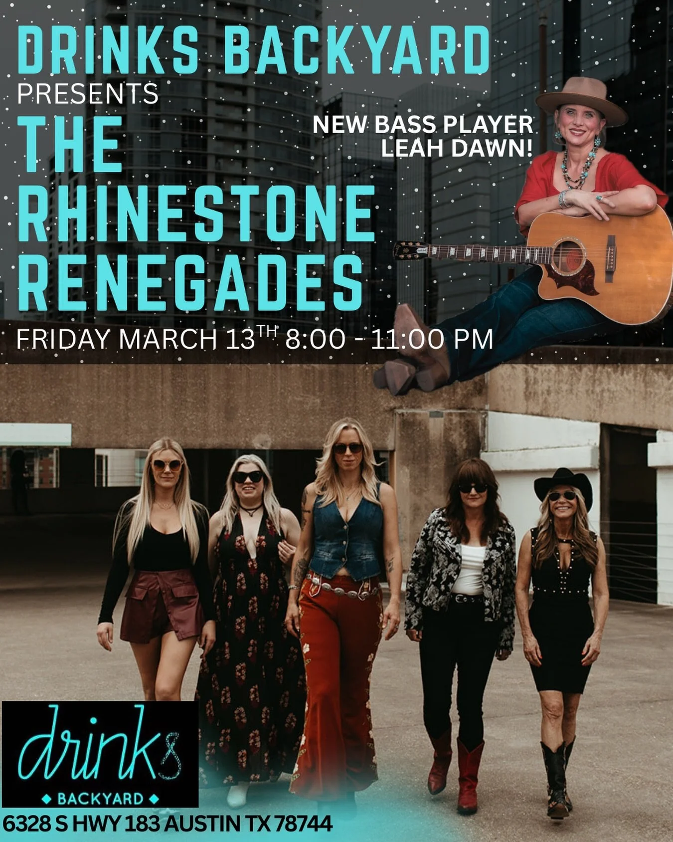 🩵Tonight!🩵 

🩵Rhinestone Renegades are playing this Friday night, March 13th, at Drinks Backyard in South East Austin! Bring your boots for a night of two-steppin&rsquo;! We&rsquo;ll see ya there! 🩵 
.
.
@drinksbackyard @leahdawnmusic @dedelallym