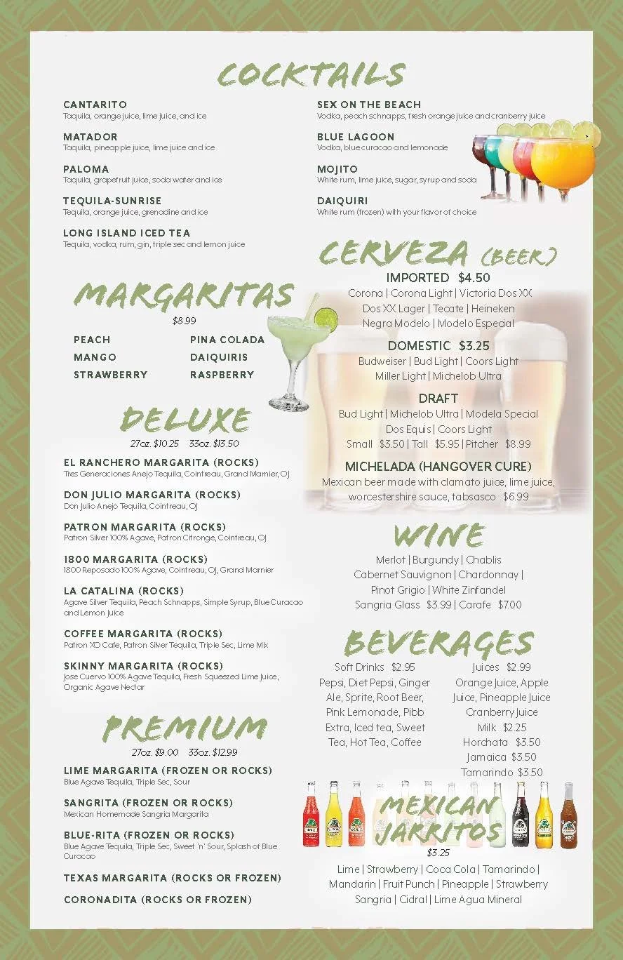 A colorful menu featuring cocktails, margaritas, premium drinks, beer, wine, and non-alcoholic beverages with prices listed for each category.