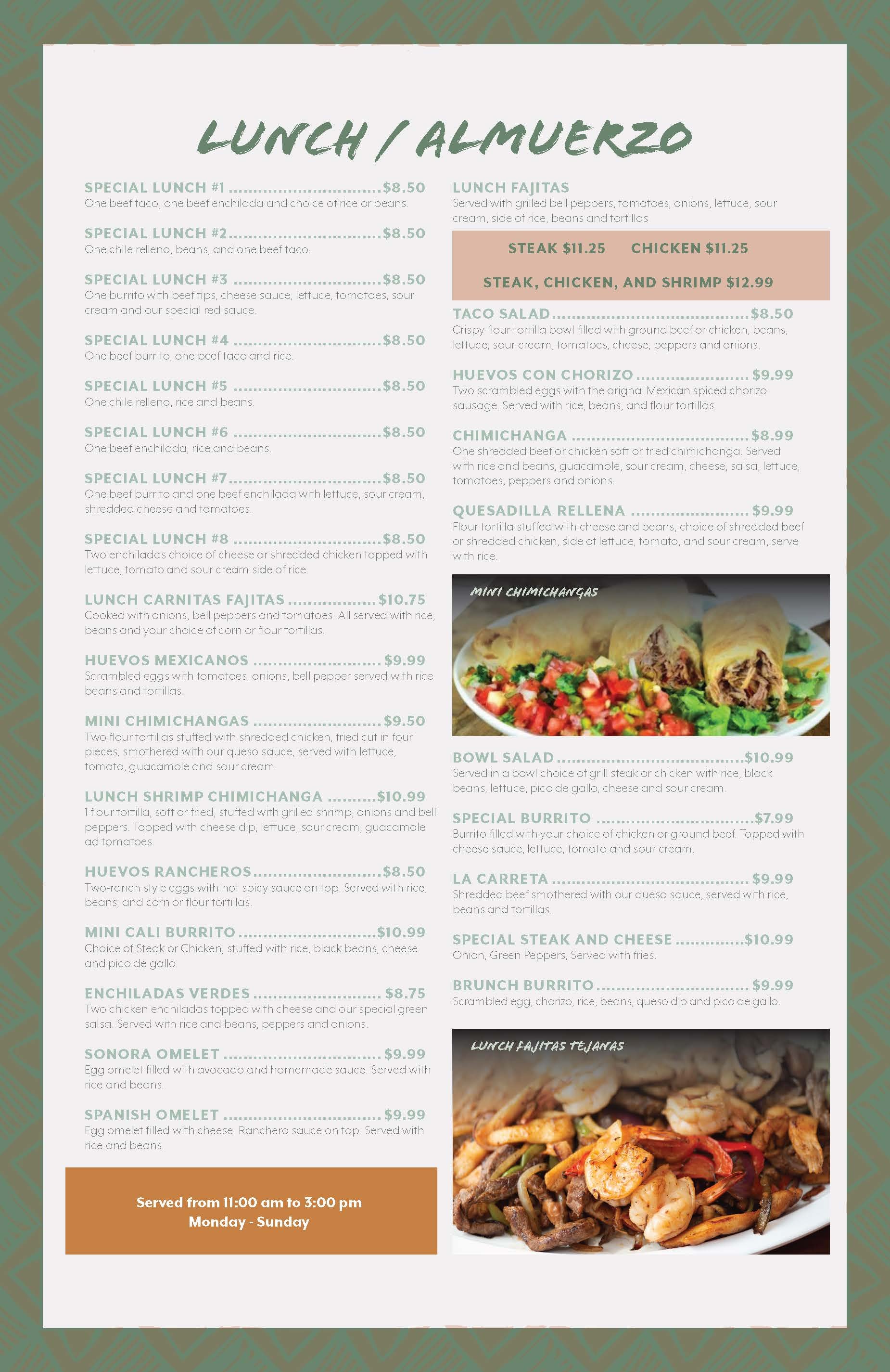 Mexican restaurant lunch menu with various dishes listed, including specials, fajitas, tacos, plates, and breakfast options, with prices and descriptions.