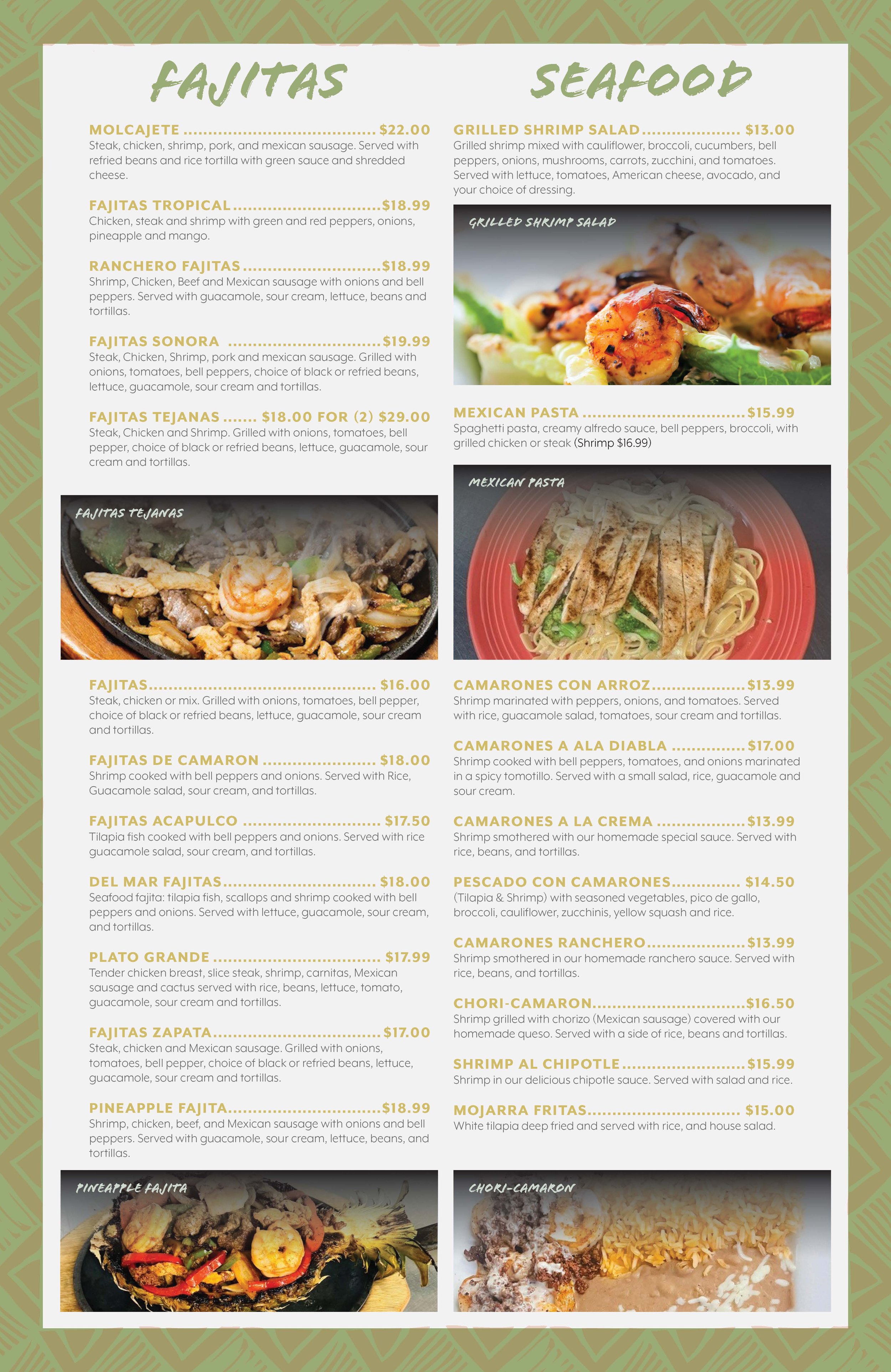 Mexican food menu featuring various types of fajitas, seafood, and pasta dishes with prices, and images of some dishes.