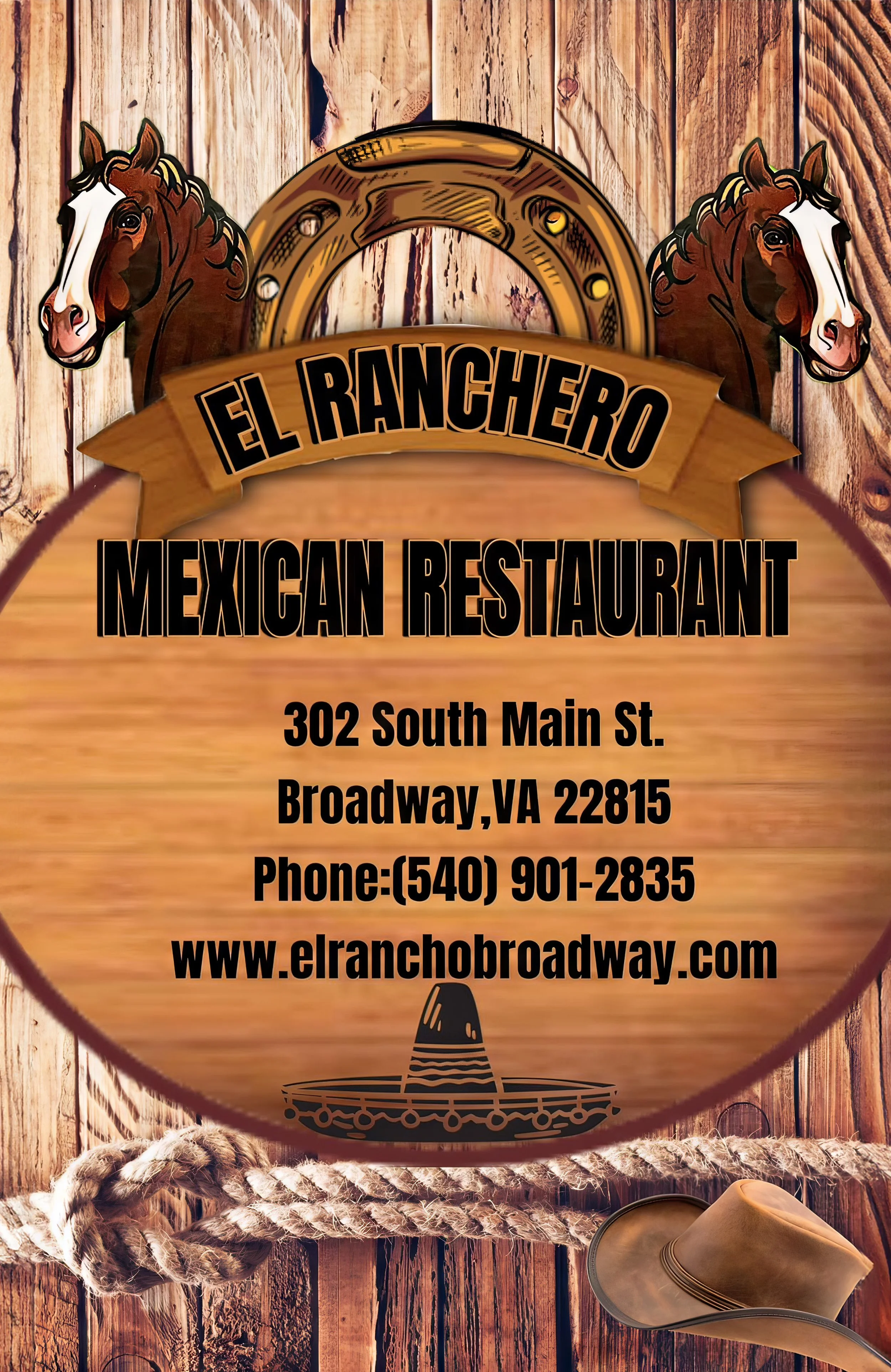 Sign for El Ranchero Mexican Restaurant with two horse heads at the top, a horseshoe, and a cowboy hat at the bottom on a wooden background.