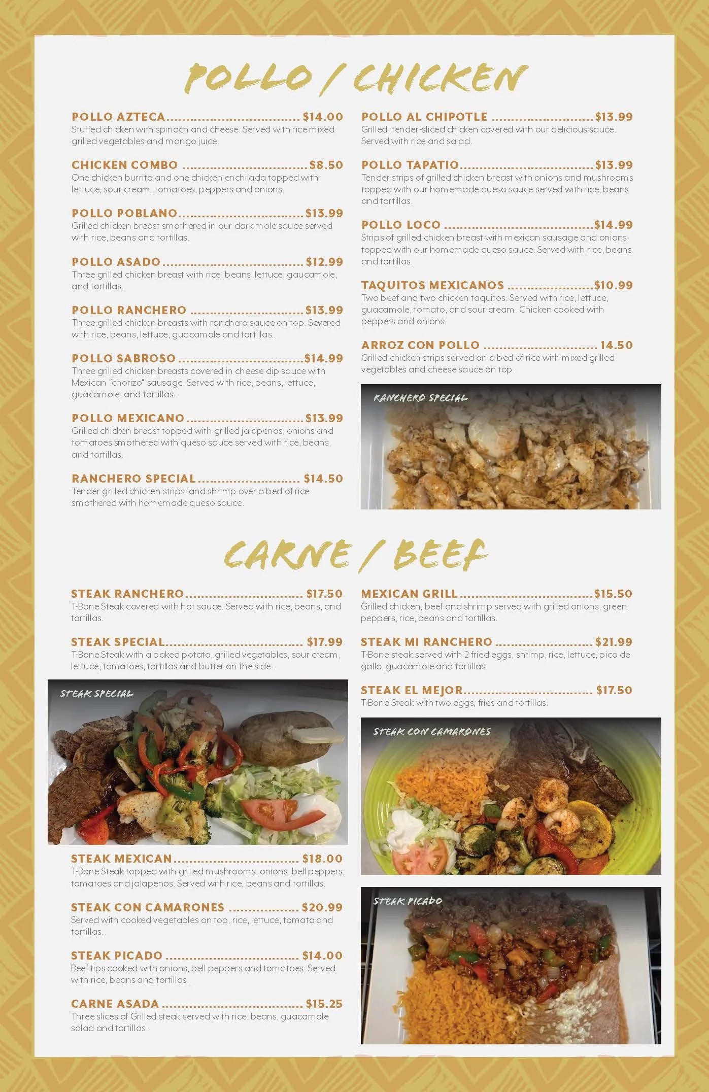 Mexican food menu divided into two sections, Pollo/Chicken and Carne/Beef. The Chicken section lists several dishes with descriptions and prices, including Pollo Azteca, Chicken Combo, Pollo Poblano, Pollo Asado, Pollo Ranchero, Pollo Sabroso, Pollo Mexicano, and Ranchero Special, with a photo of the Ranchero Special dish. The Beef section details dishes like Steak Ranchero, Steak Special, Steak Mexican, Steak con Camarones, Steak Picado, Mexican Grill, Steak Mi Ranchero, Steak El Mejor, with photos of Steak con Camarones and Steak Picado.