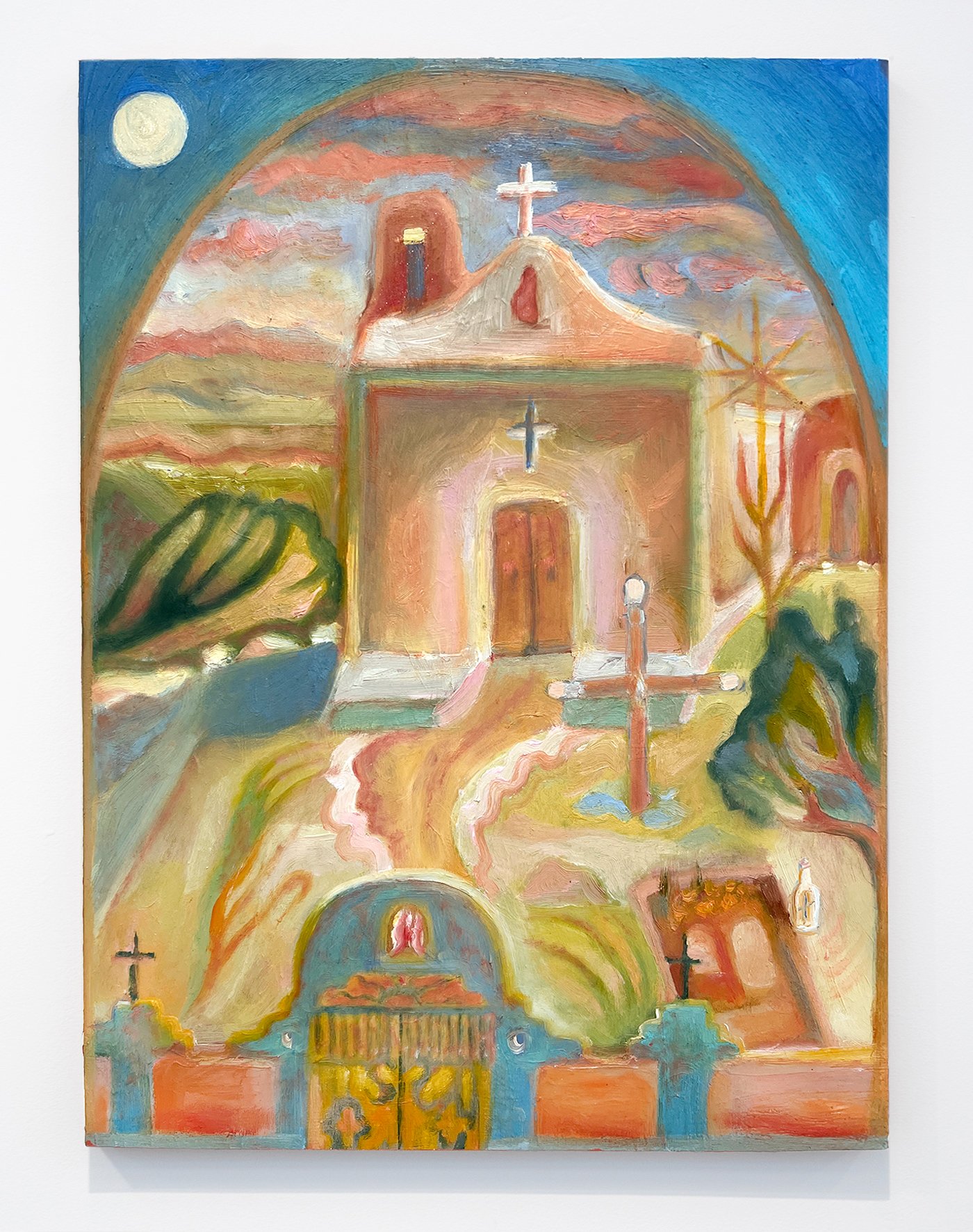 Morning Moon and the Church On The Hill_Oil, wax, mica on cradled panel, 16 x 12 inches, Margaret R Thompson_2023.jpg