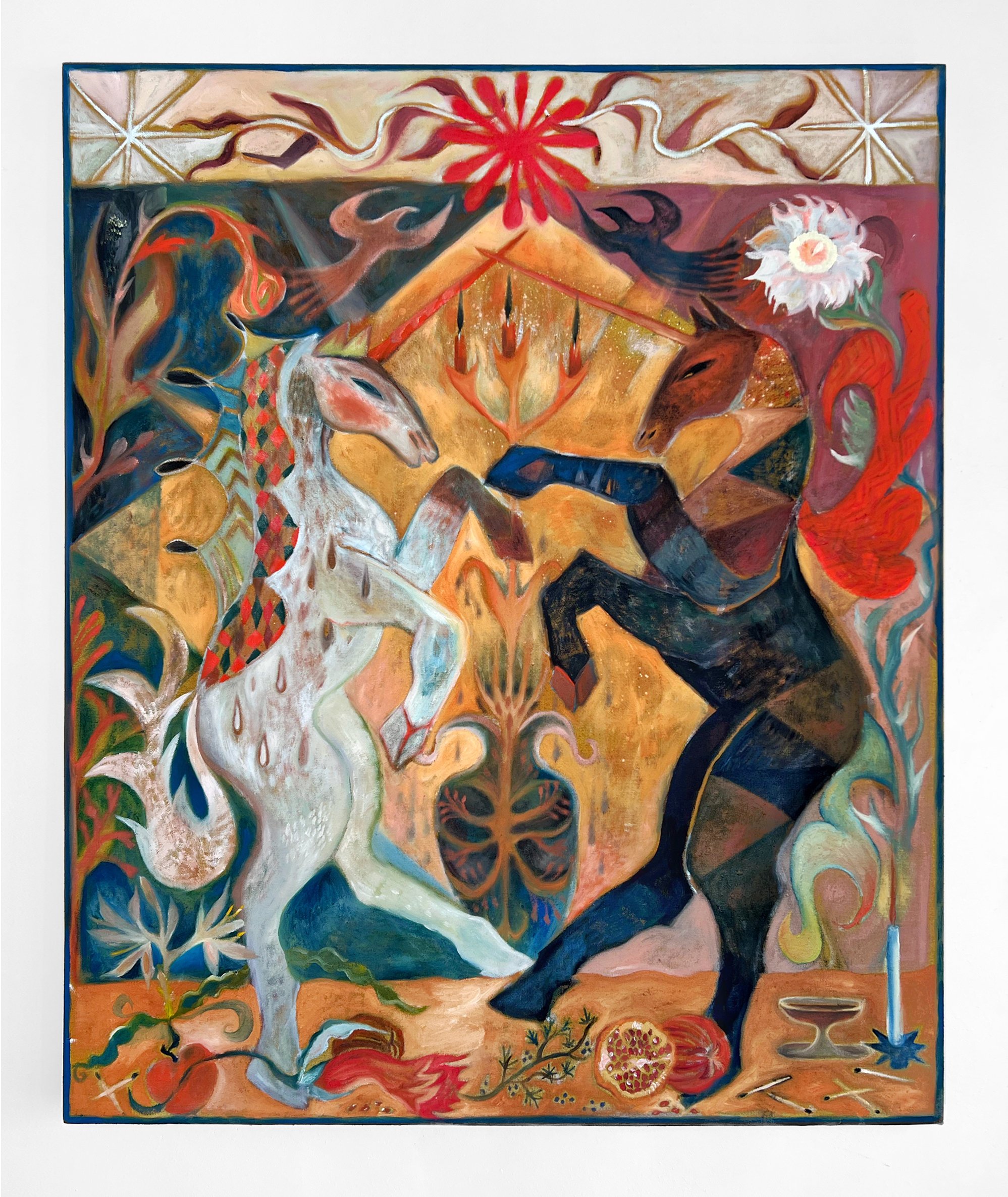 Feast of the Alicorns_Oil, wax, chimayo earth, raw pigment, juniper, temple oil on linen_48x40inches_2023_Margaret R Thompson.jpg