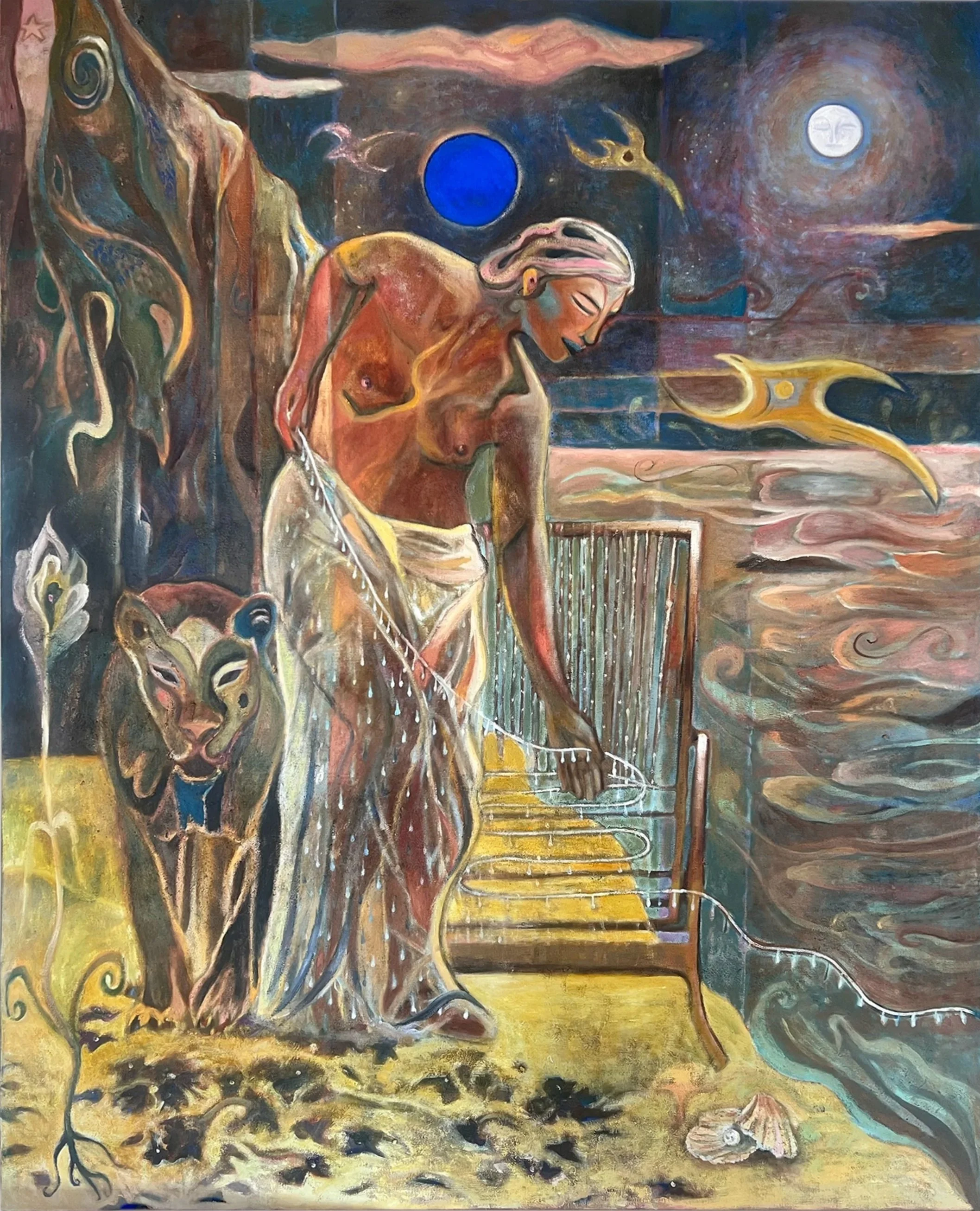 "The Ocean Weaver," 2025 | Oil, collected earth and sand, turmeric, volcanic rock, mica and raw pigment on linen | 60 x 48 in