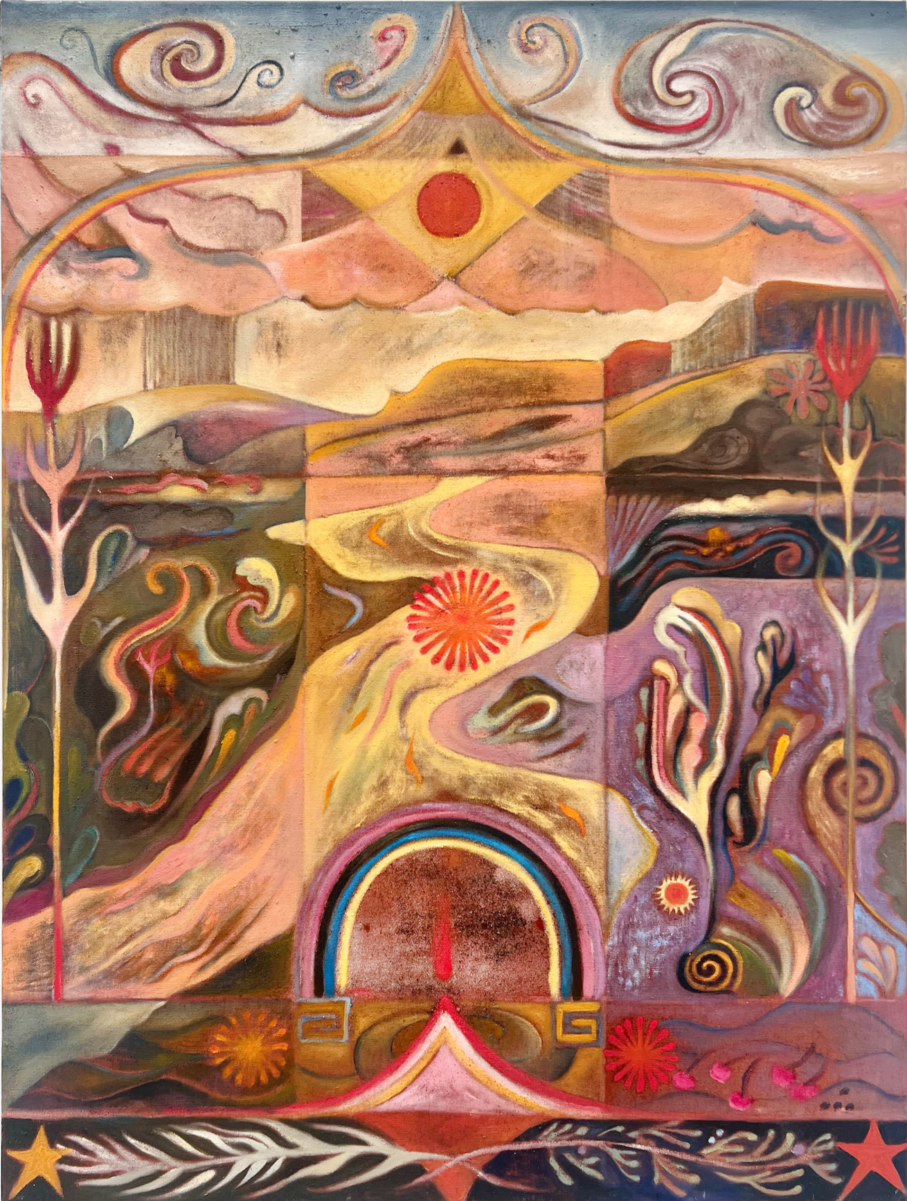 "Field Notes from the River Tomorrow," 2025 | Oil, collected earth and mineral, mica, natural pigment on linen | 40 x 30 inches