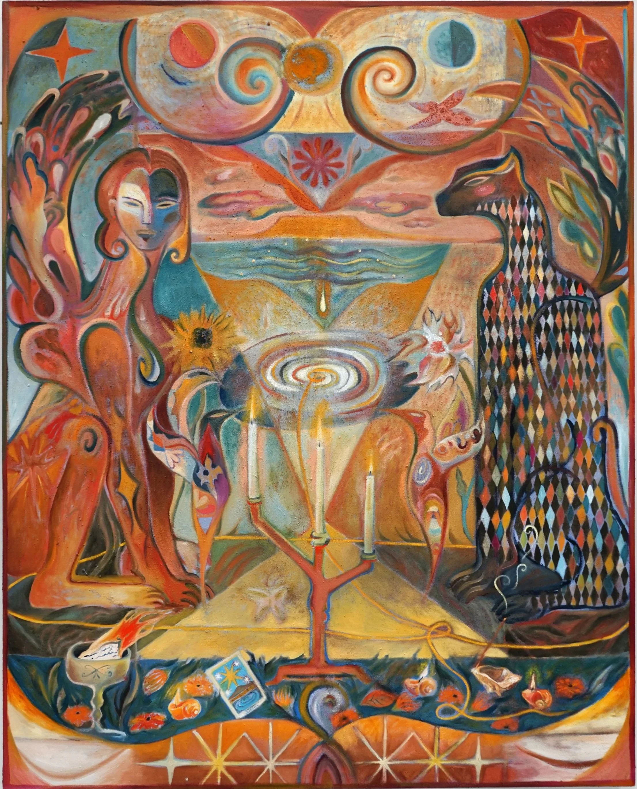 "Gathering at the Equinox," 2026 | Oil, collected earth, mica, natural and raw pigment, turmeric on linen | 60 x 48 inches