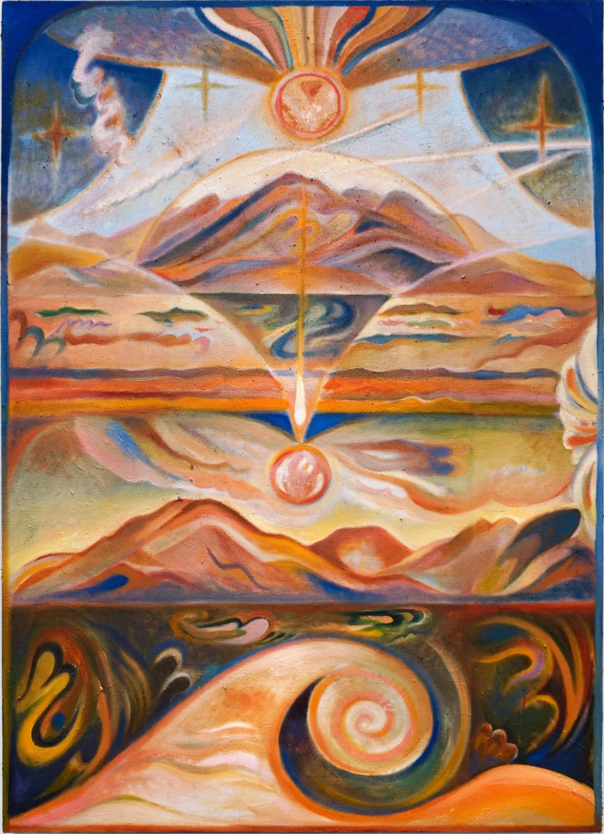 "The Pearl at Rainbow's End," 2026 | Oil, collected earth and volcanic rock, mica, natural pigment on linen | 38 x 27 inches