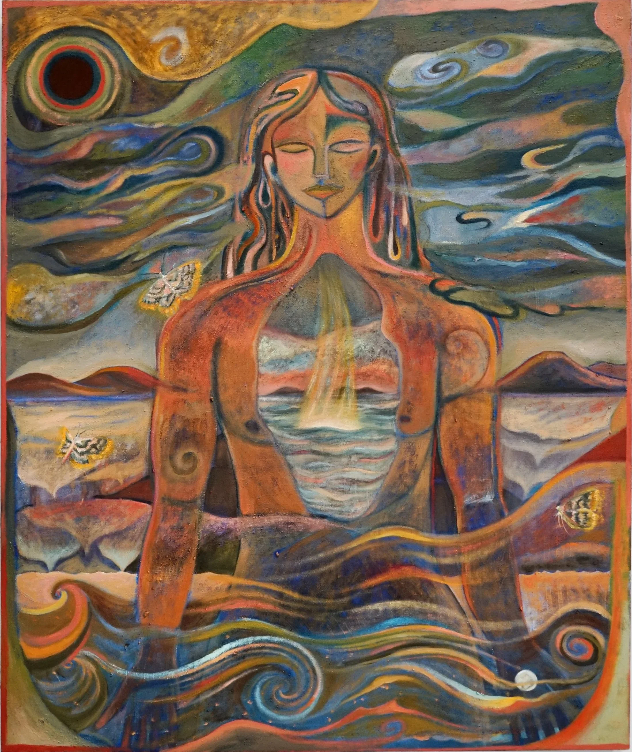 "The Inland Sea," 2026 | Oil, wax, raw pigment, collected earth and sand, temple oil on linen | 48 x 40 in.