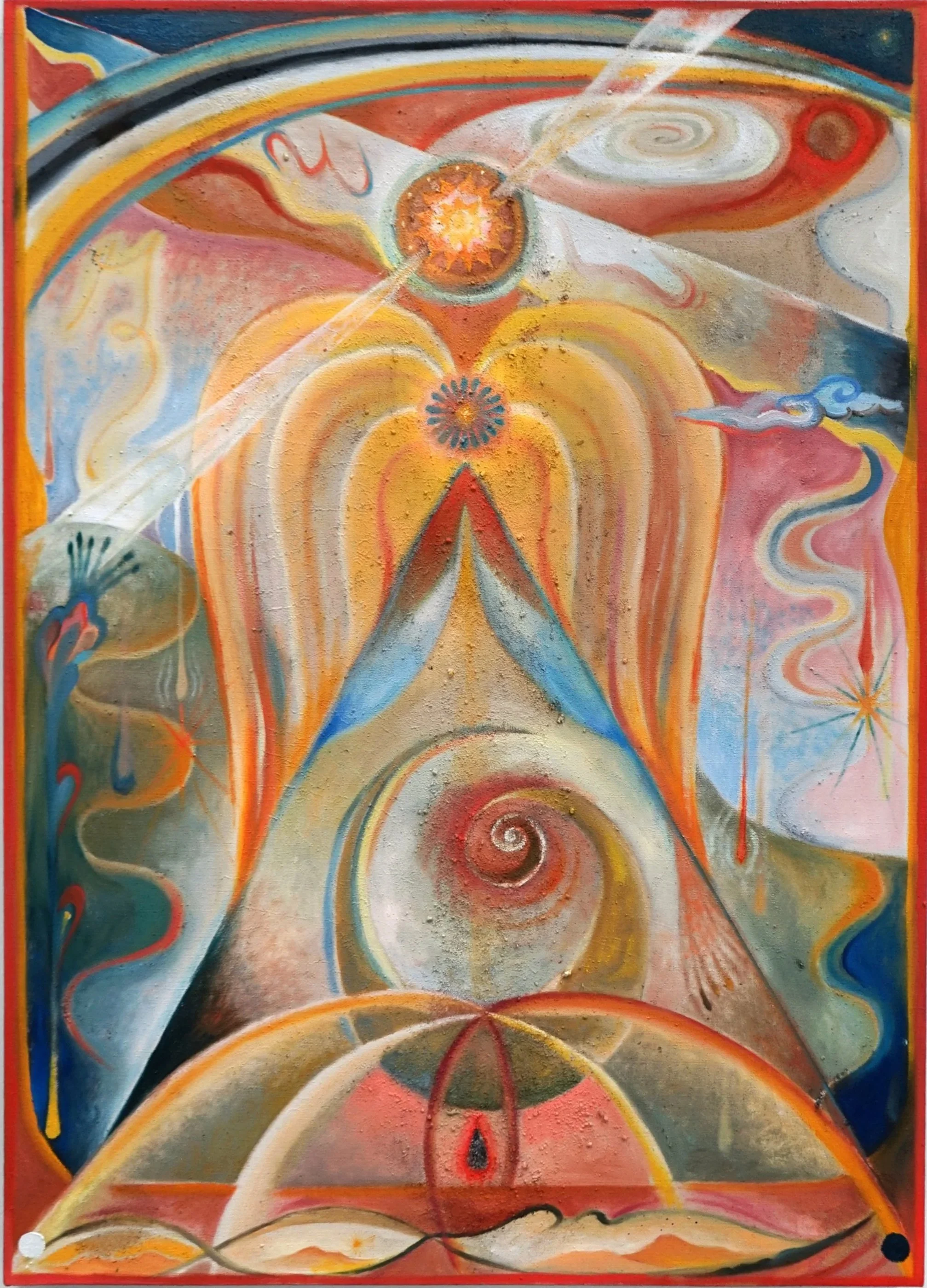 "For Ithell, The Cardinal Flame," 2026 | Oil, volcanic rock, collected earth, temple oil, natural pigment on linen | 38 x 27 in.