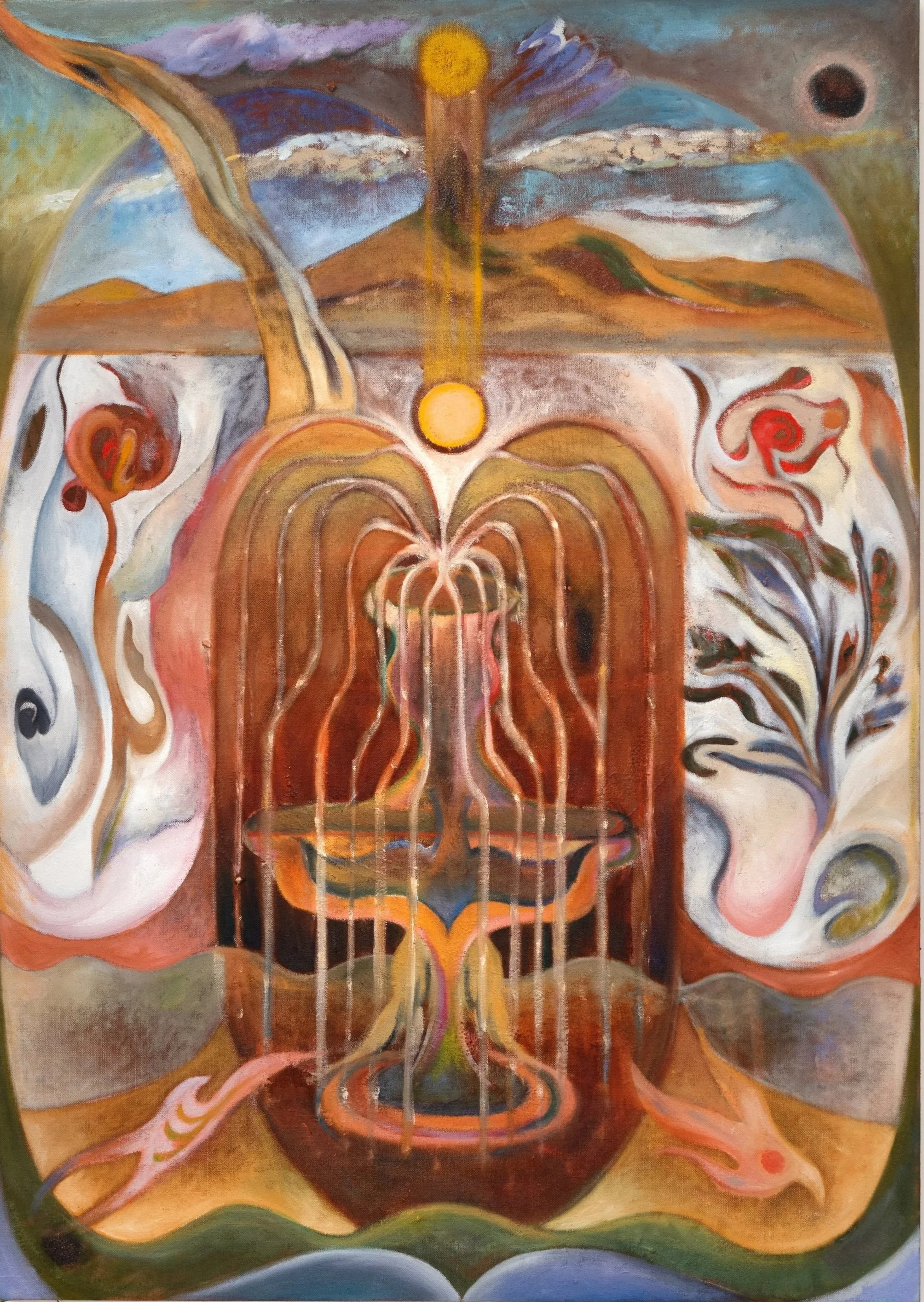 "Communion," 2026 | Oil, collected earth, volcanic rock, mica, natural pigment, temple oil on linen | 38 x 27 inches