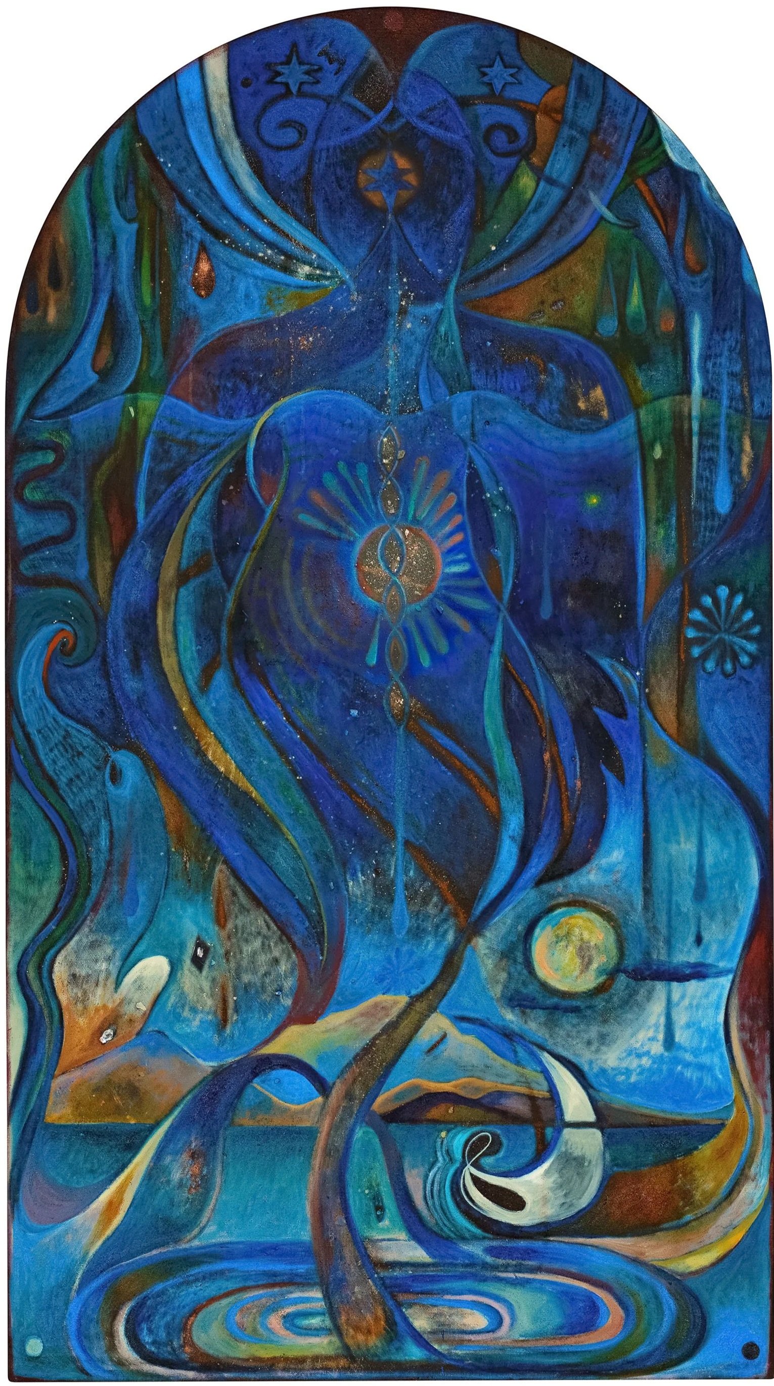 "When I Close My Eyes," 2026 | Oil, mica, turkish turmeric, collected earth and volcanic rock dust, black sand on linen | 160x89 cm