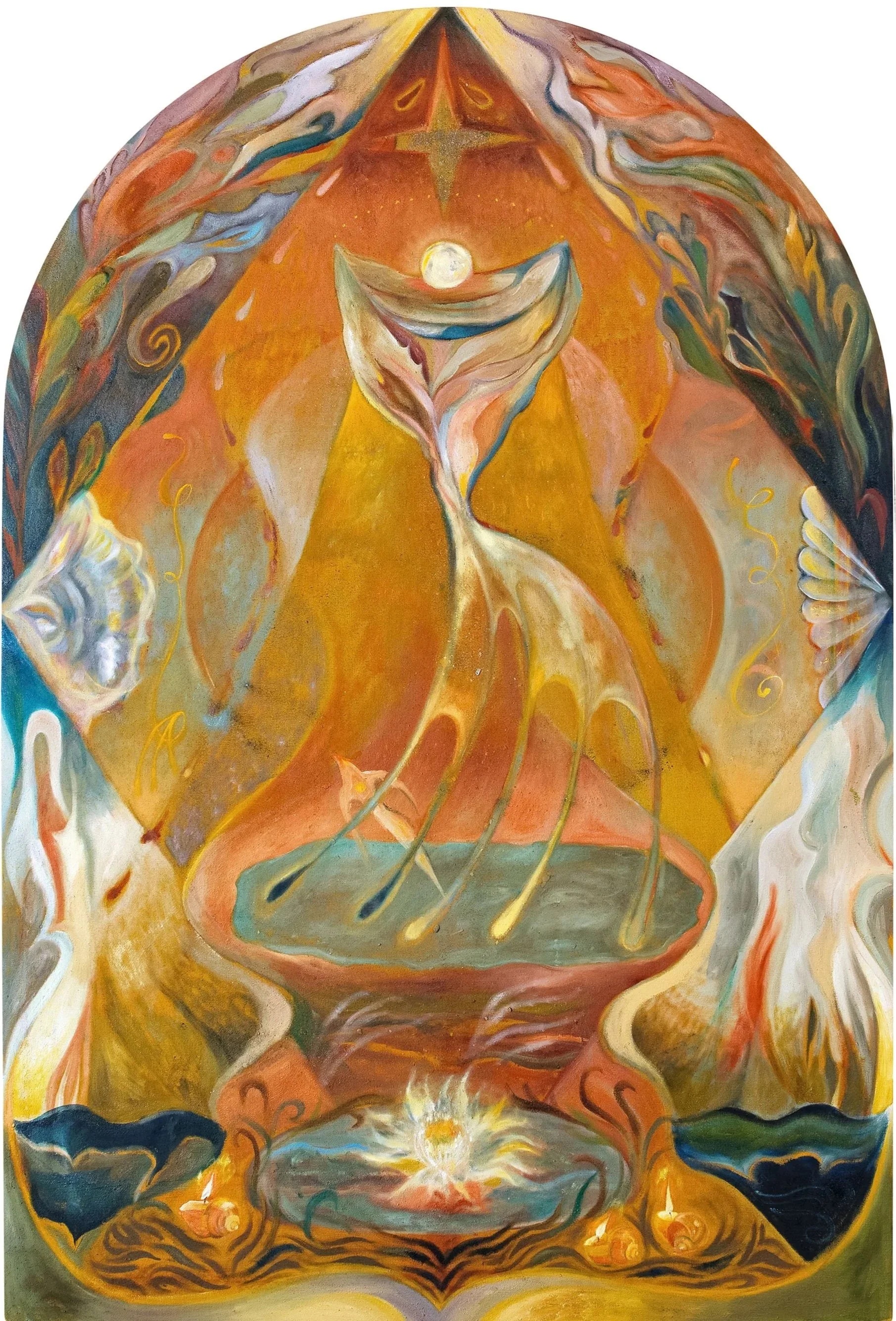 "Mother of Pearl," 2026 | Oil, collected earth, turkish turmeric, lotus oil, mica, raw pigment on linen | 156 x 105 cm