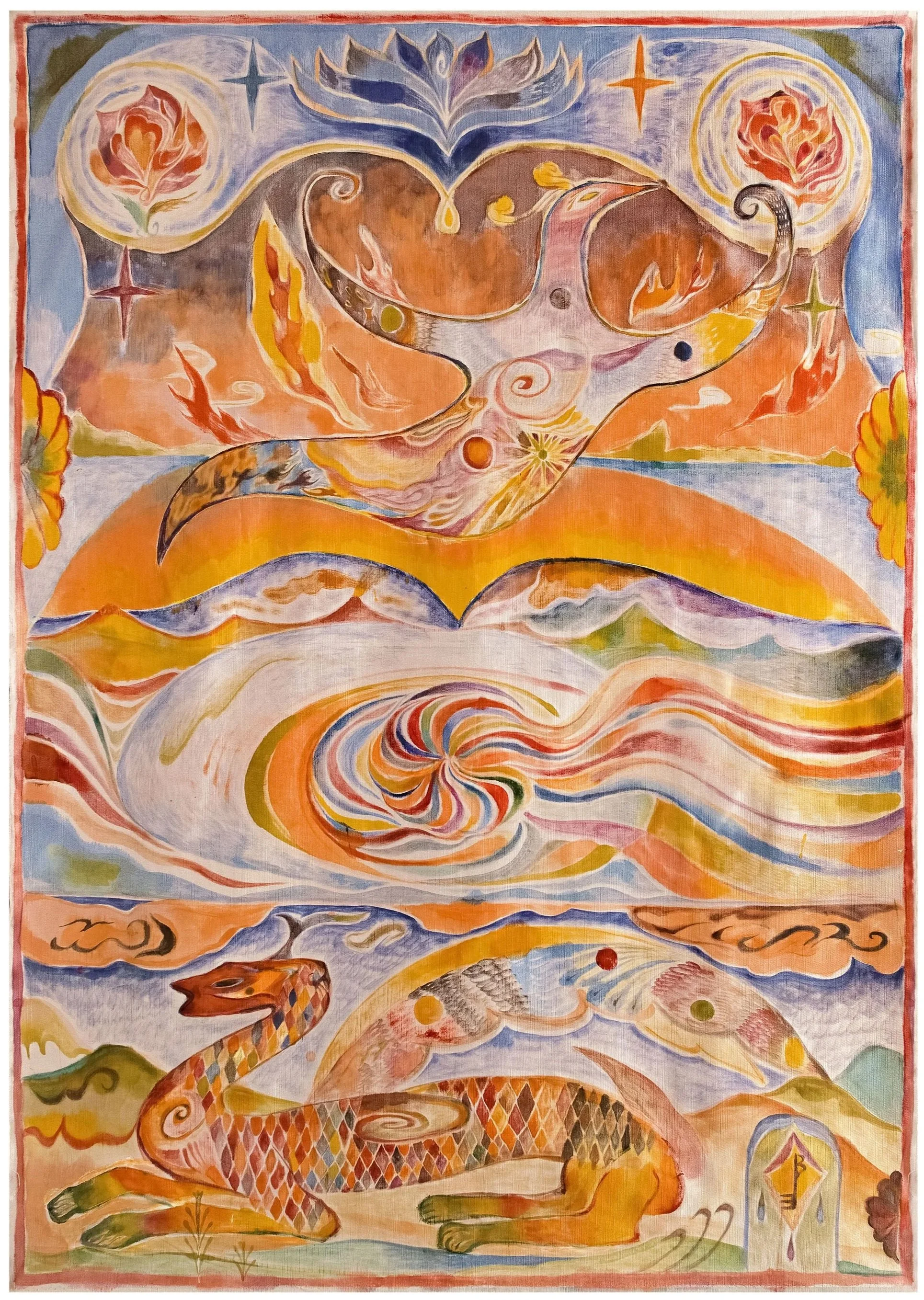 "Talisman," 2026 | Silk paint on turkish silk textile | 60 x 42 in.