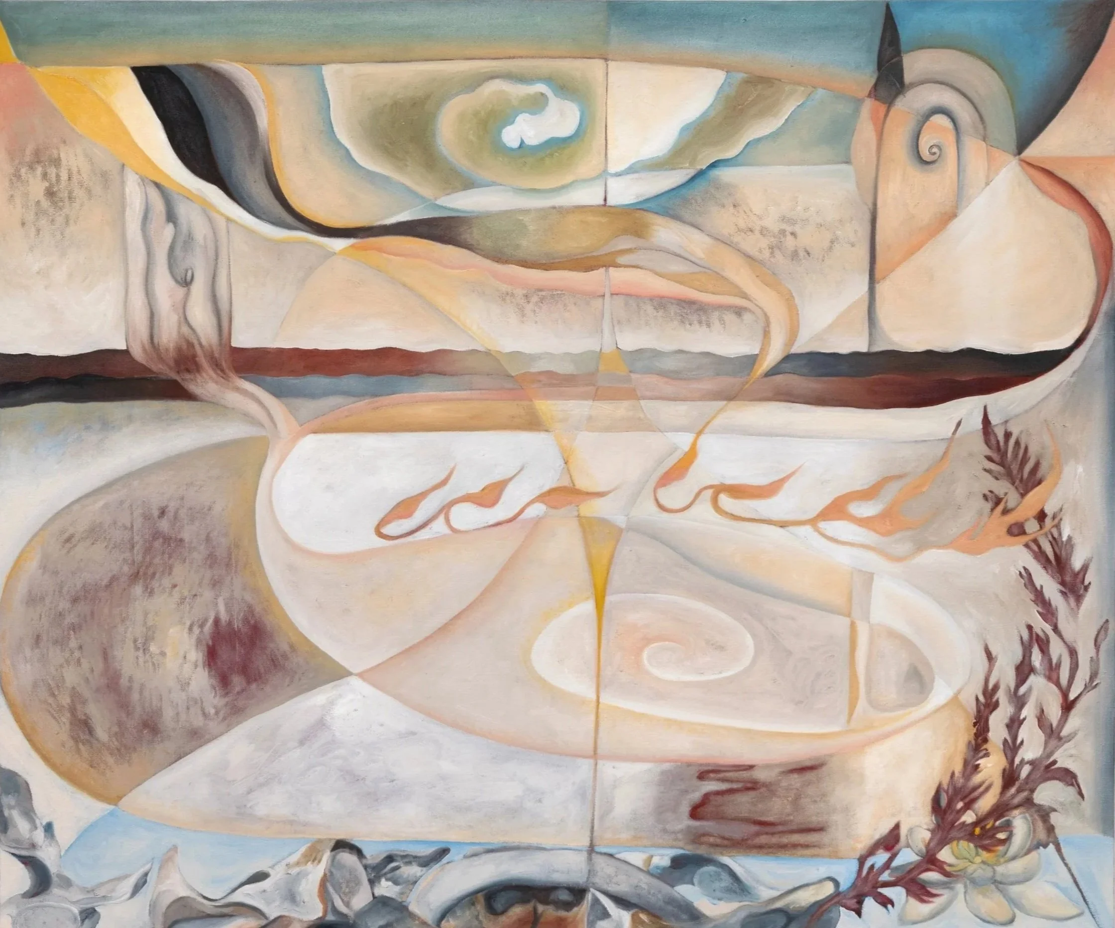 "Temenos," 2025 | Oil, collected earth, turkish turmeric, volcanic rock dust, natural pigment and temple oil on linen | 48 x 40 in.