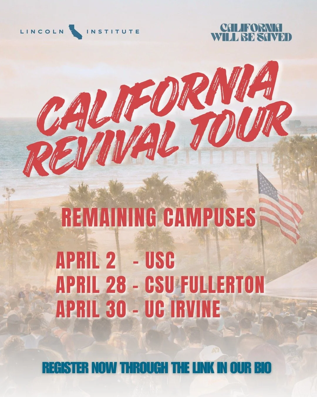 🚨 FINAL TOUR STOPS ARE HERE 🚨

If you didn't get a chance to attend the California Revival Tour in March, these campuses are your last opportunities! We want to see all of you this month at one of our tour stops. Join us in reviving our home state.