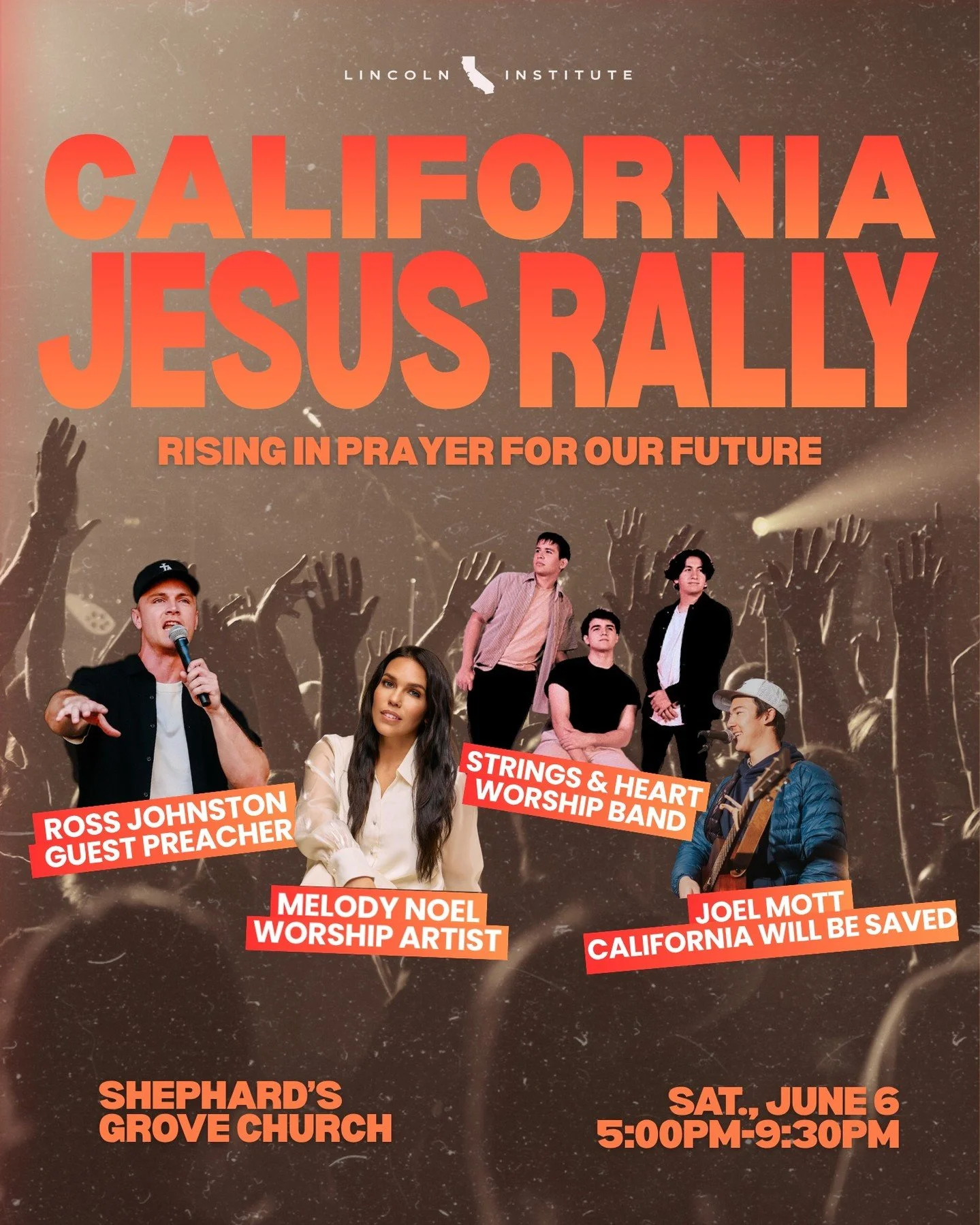 A new generation is rising in California.

The California Jesus Rally is a call to unite and transform our state. It is time to lead boldly and pray for a better California through faith-driven civic engagement. We are proud to be partnering with an 